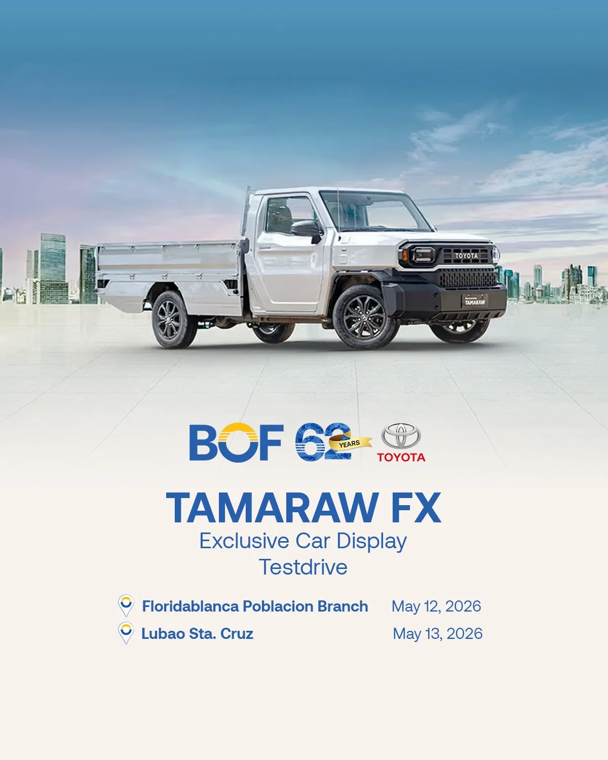 Ready for the work that inspires you and the life that defines you. The Toyota Tamaraw is a masterpiece of versatility, designed to keep your momentum steady across any terrain.

Stop by these BOF branches and discover how you can turn your daily hus