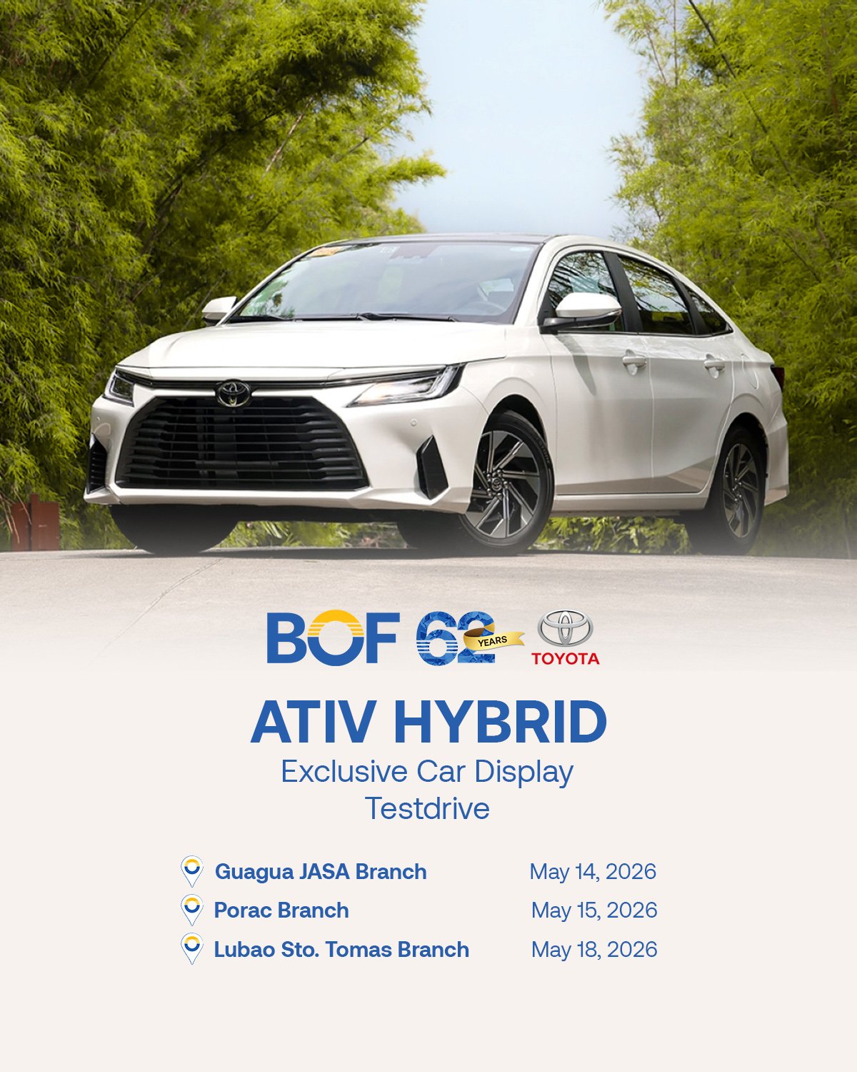 Style is the art of standing out, and the Toyota Ativ is built to lead the charge. Experience a vehicle which blends innovation and modern design, allowing you to navigate every mile with total clarity.

Visit these BOF branches and step into a drive
