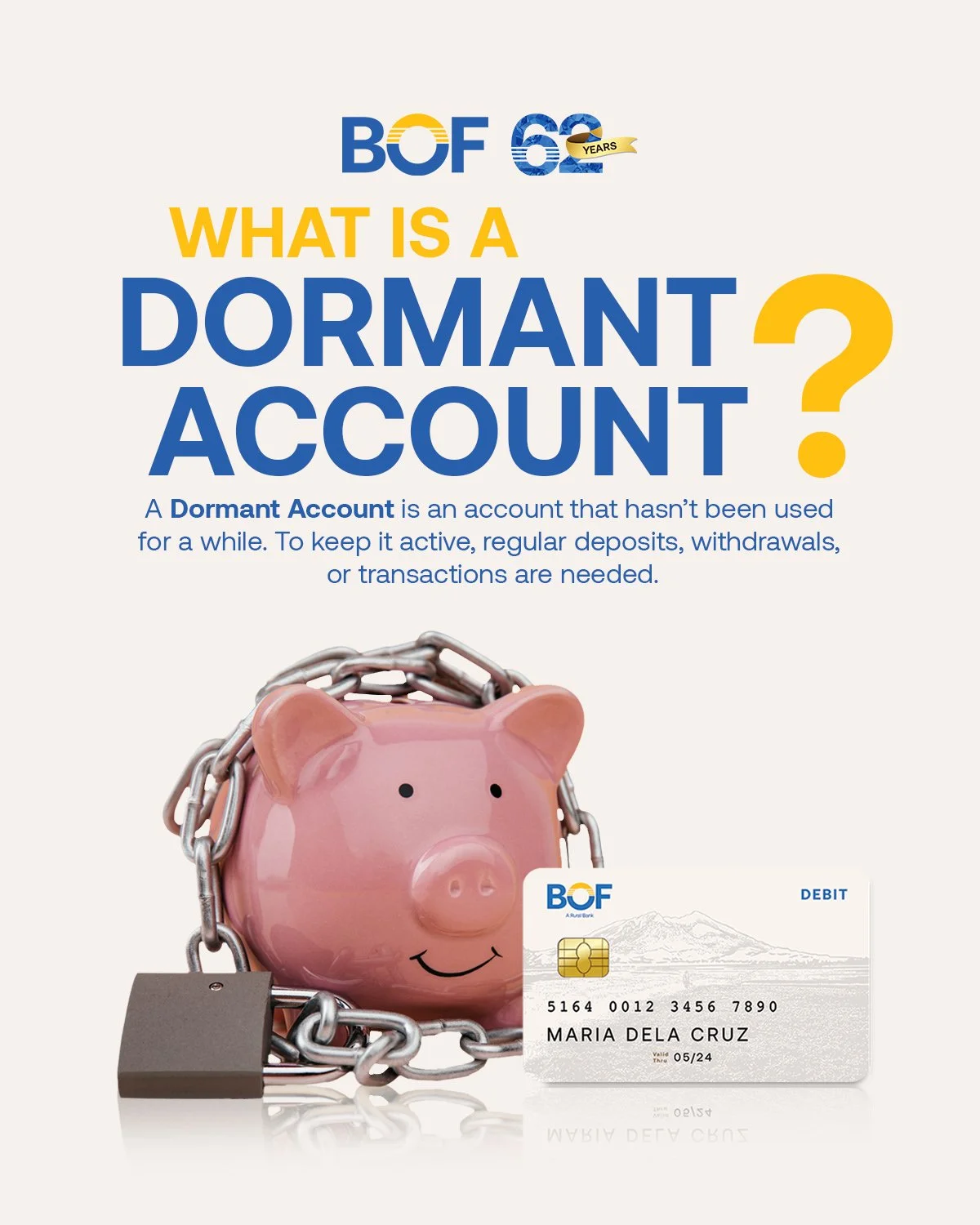 Monthly Dormancy Charge: ₱ 30

We want to help you stay on track! Please remember that accounts with no activity for five (5) years and a balance below the required minimum monthly ADB may be tagged as dormant.

Stay in control of your financial jour