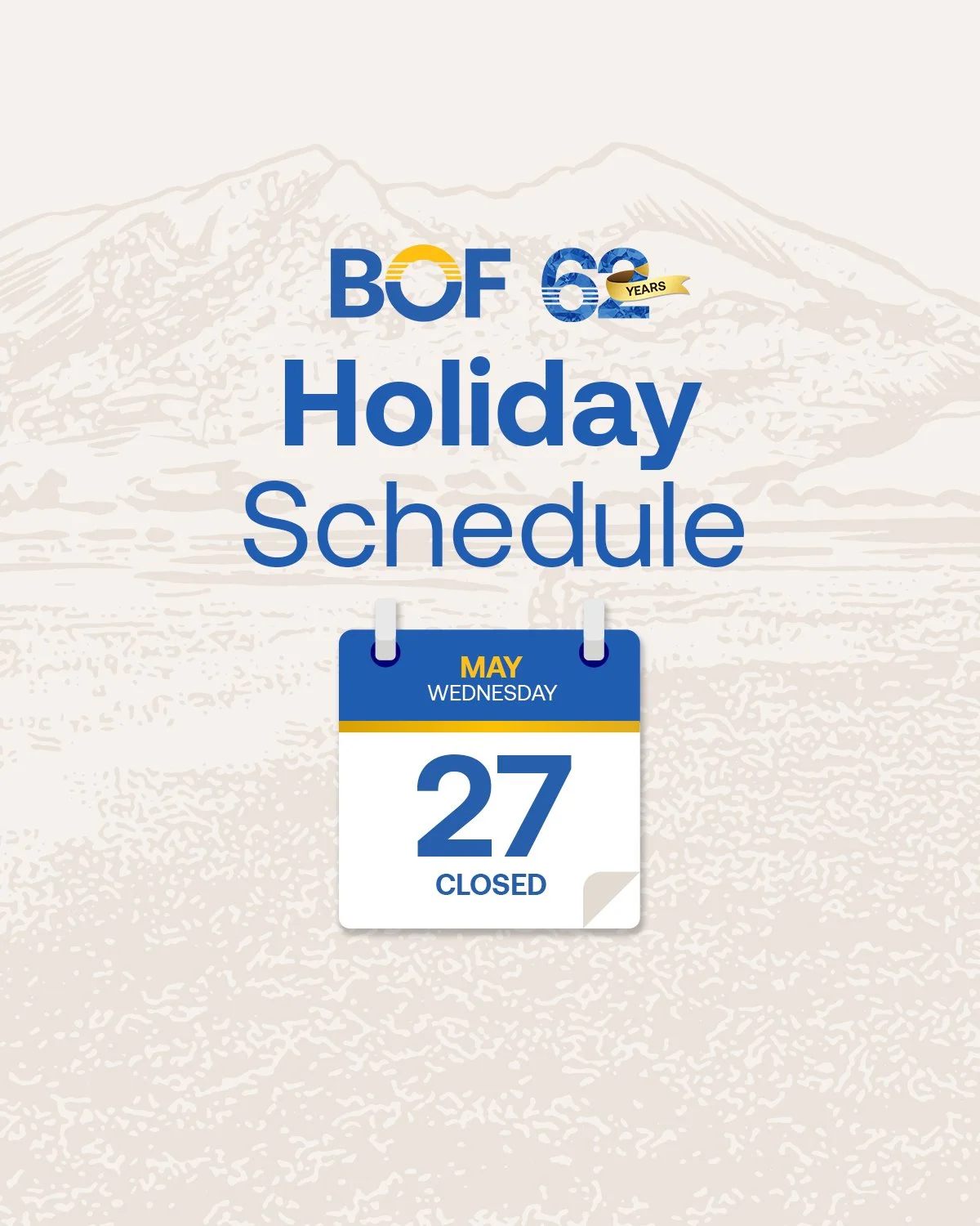 #BankAdvisory

Please be informed that all BOF branches will be closed on the upcoming holiday, May 27, 2026 (Wednesday).

Regular banking operations will resume on the following banking day, May 28, 2026 (Thursday). Please plan your transactions acc