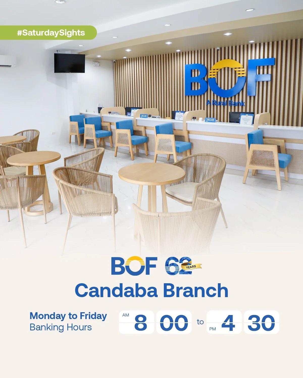 See this month's #SaturdaySights, a closer look at BOF Candaba Branch, where dependable service and community banking come together. Visit us and experience the difference.

Address: Poblacion, Candaba, Pampanga
Email: candaba@bof.com.ph
Contact No.: