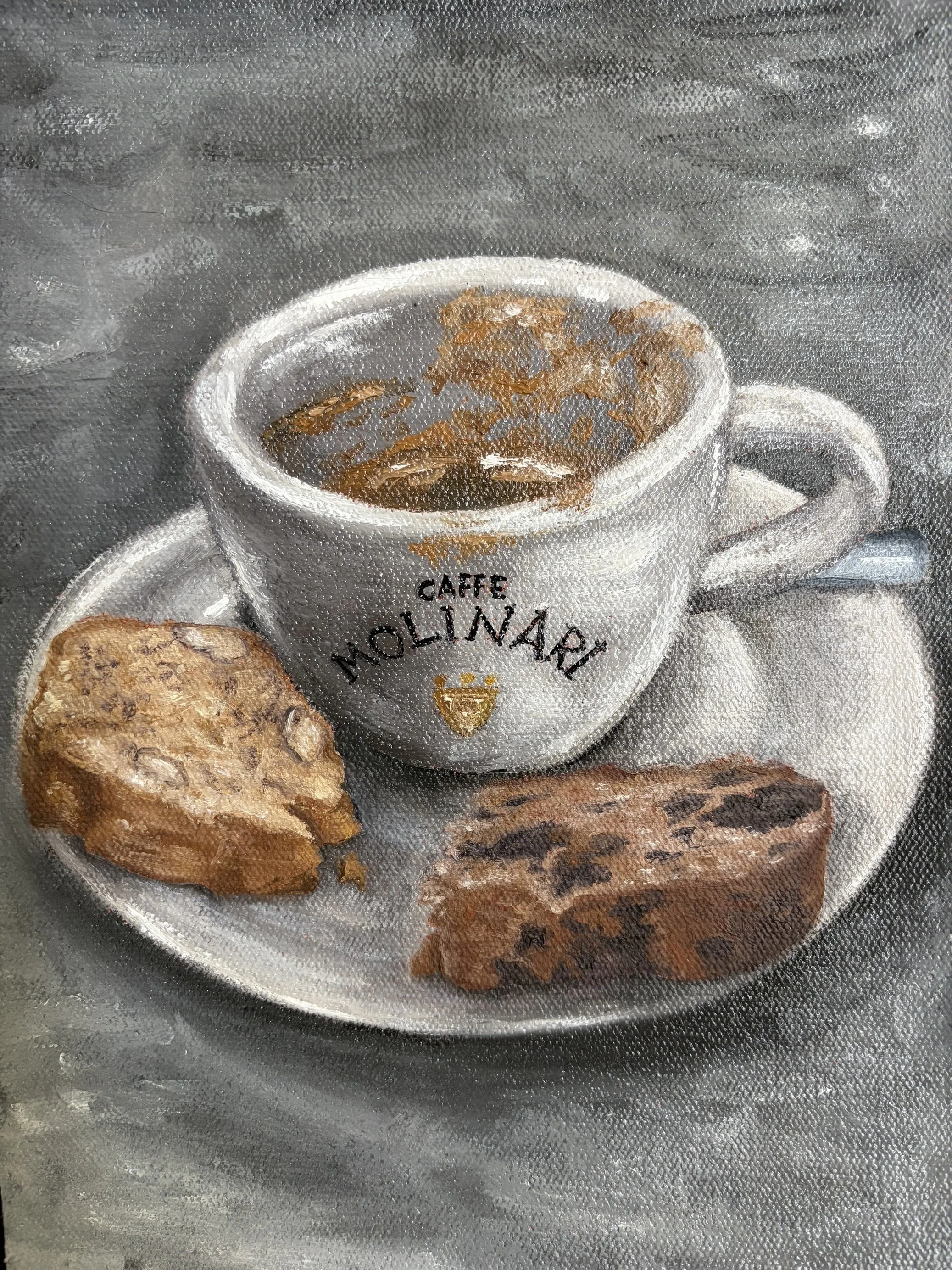 ‘Fresh Biscotti and Espresso in Florence’ oil paint on canvas, 25 by 20cm, July 2026