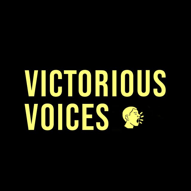 Victorious Voices logo in yellow on a black background, featuring an illustrated face speaking