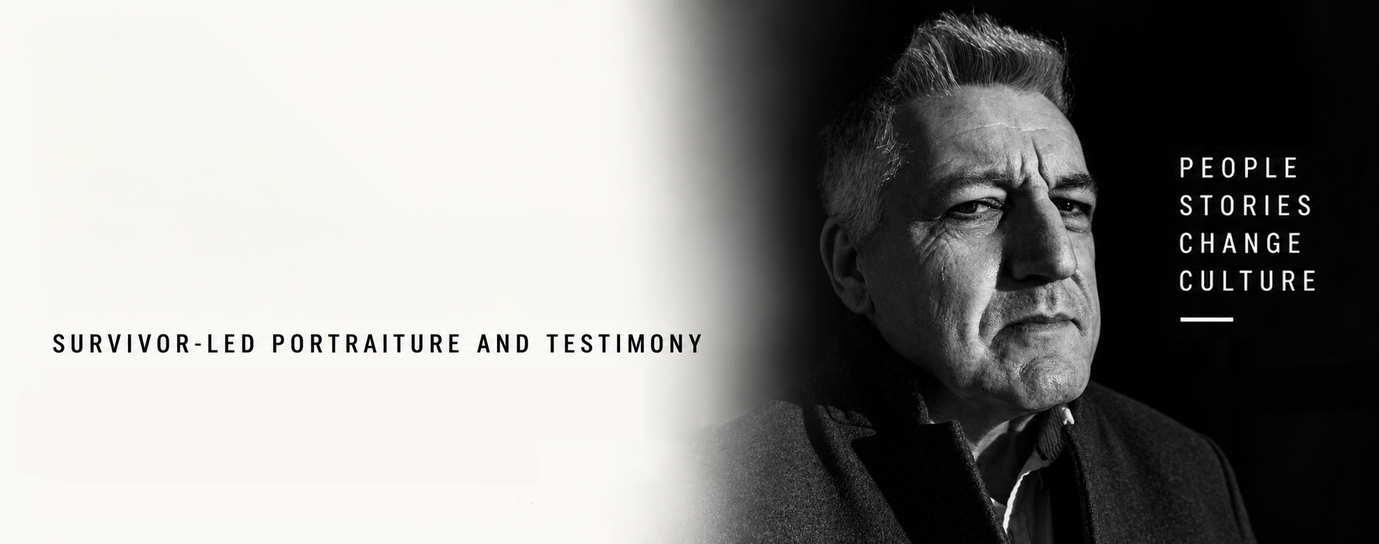 Black-and-white portrait of John Bradley in the Victorious Voices campaign banner.