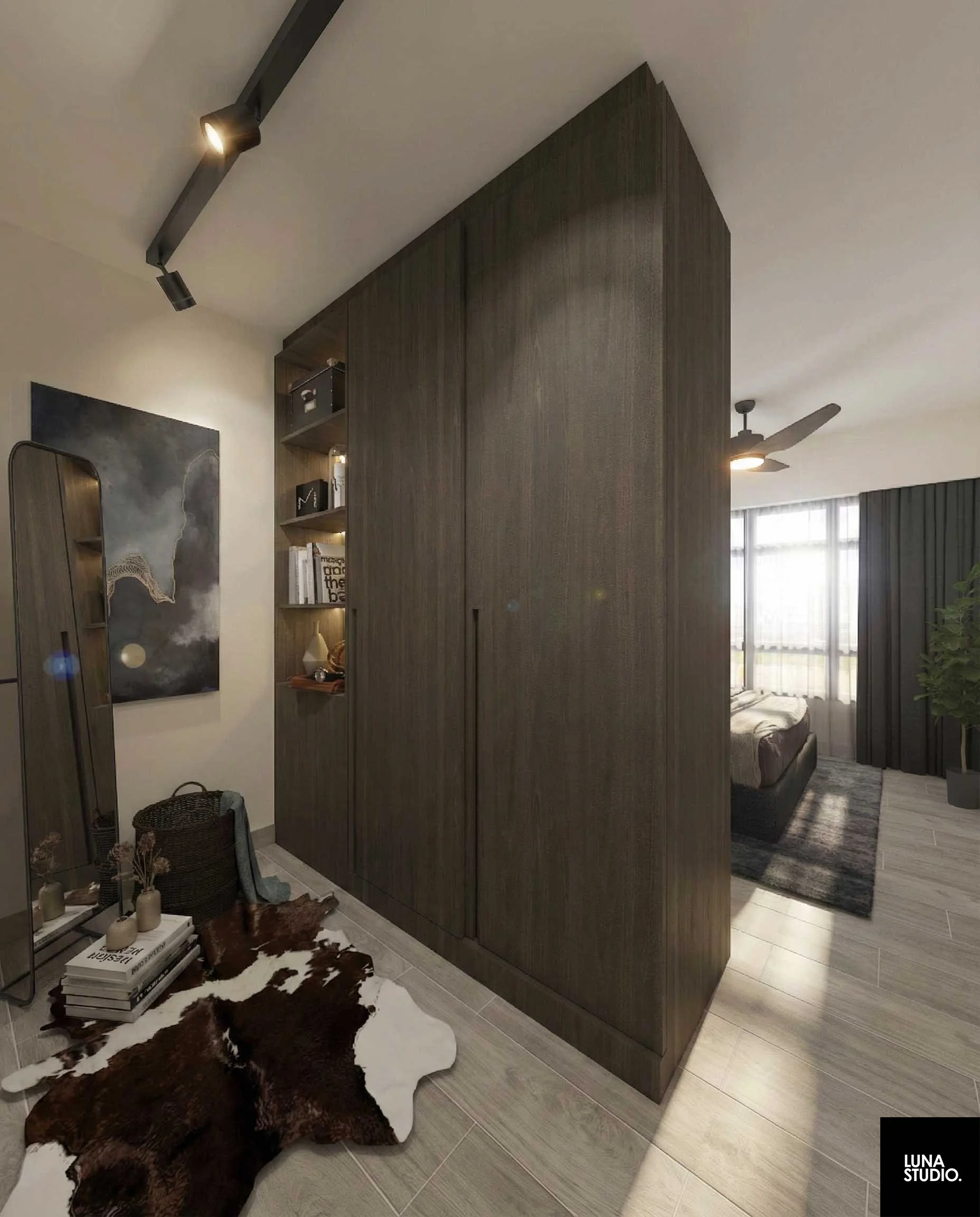 Modern bedroom with wooden wardrobe, a cowhide rug, small decorative items, and a full-length mirror, with a bed and large window with curtains in the background.
