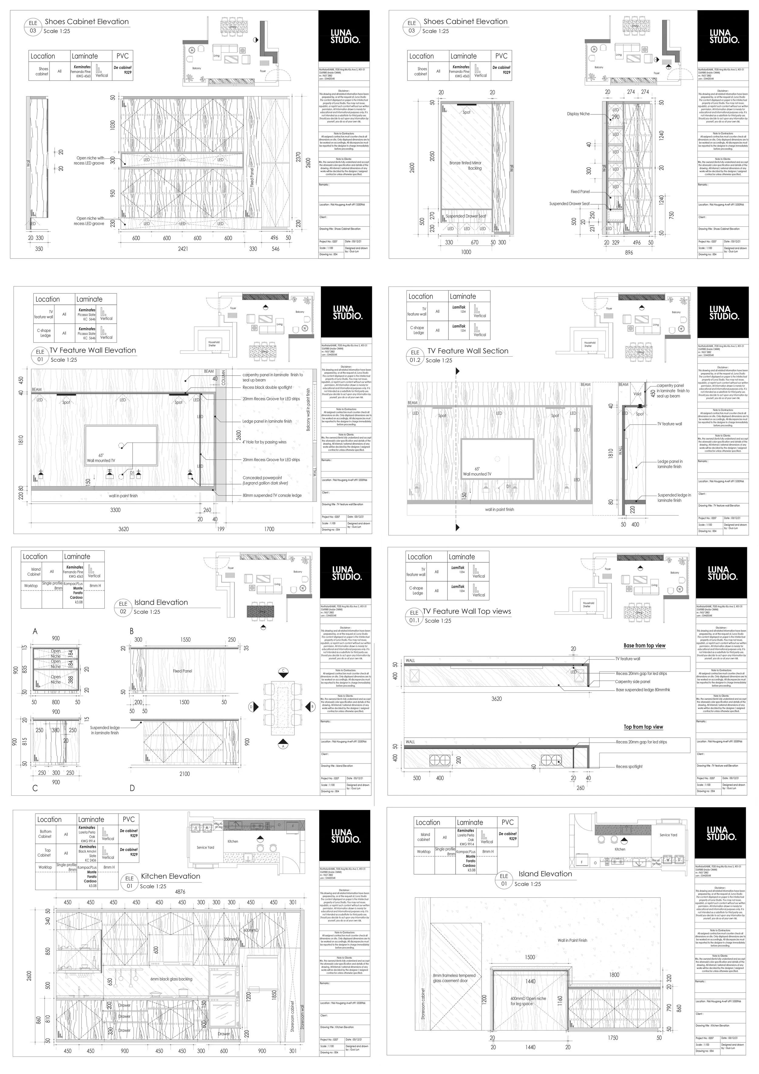 Design plans for a shoes cabinet, TV feature wall, island, and kitchen elevation, including detailed measurements and material specifications from Luna Studio.