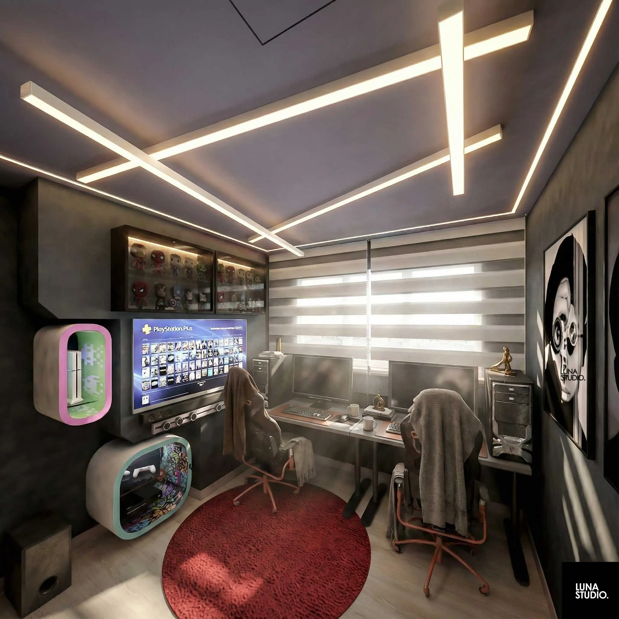 Modern gaming room with dual computer monitors, gaming chairs, a red circular rug, a large screen with PlayStation Plus interface, and shelves with gaming collectibles and artwork.