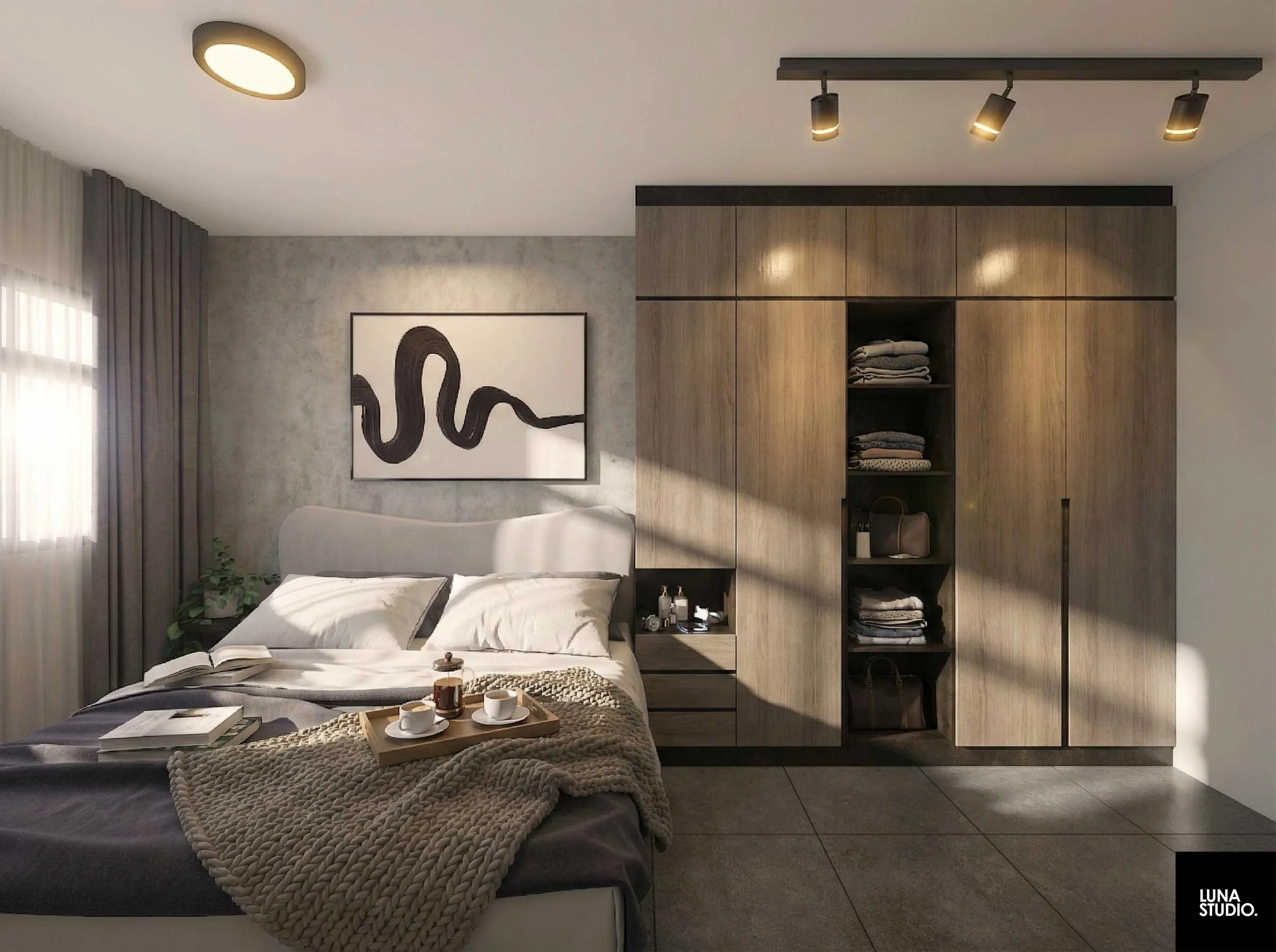 Modern bedroom with a bed, wall art, and a large wooden wardrobe with open shelves showing folded clothes and accessories.