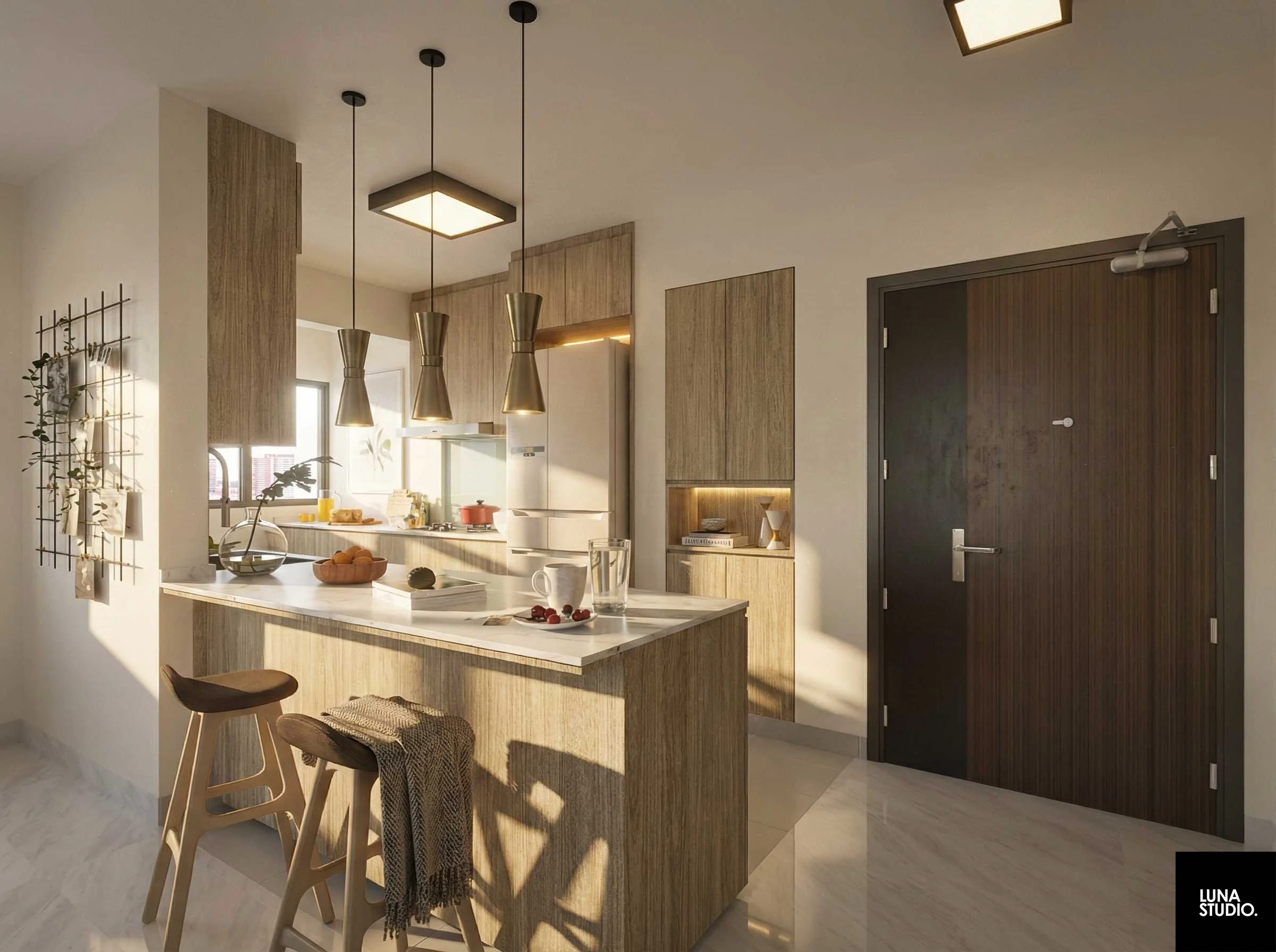 Modern kitchen with wooden cabinets, a white island counter, and hanging pendant lights. There are two wooden stools at the island, some fruits, a mug, a glass of water, and a book on the counter. The door on the right is dark wood with metallic hinges. Sunlight streams in through the window, casting shadows in the room.