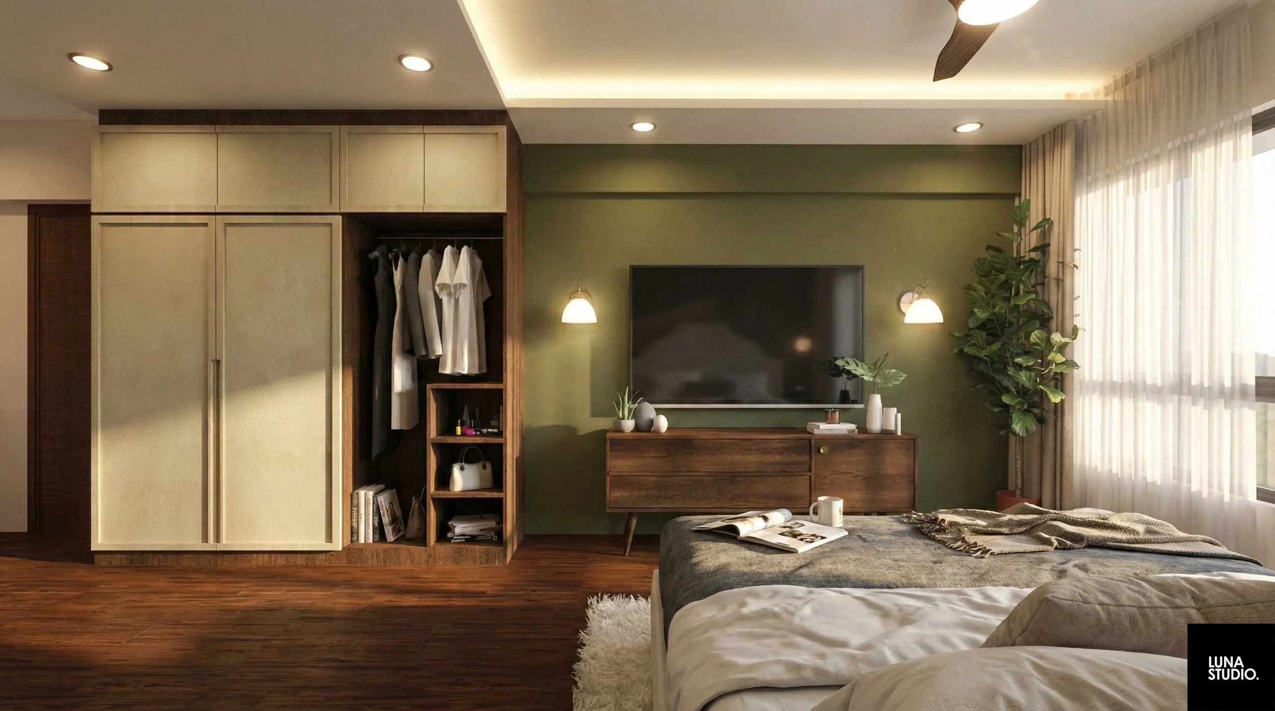 Modern bedroom with green accent wall, mounted flat-screen TV, wooden furniture, plants, large window, partially unmade bed with magazines and a mug, and soft lighting.