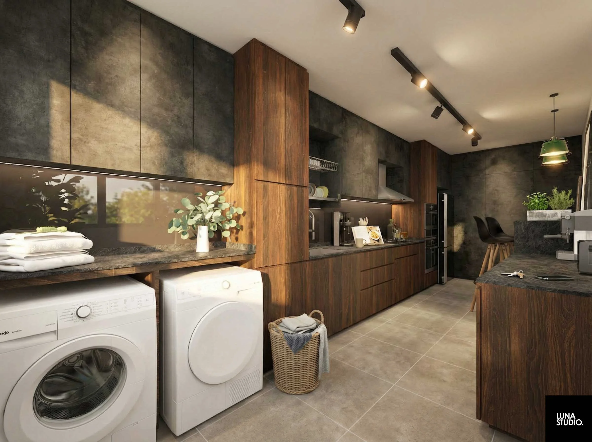 Modern laundry room with washer and dryer, dark wood cabinetry, gray tiled floor, and decorative plants.