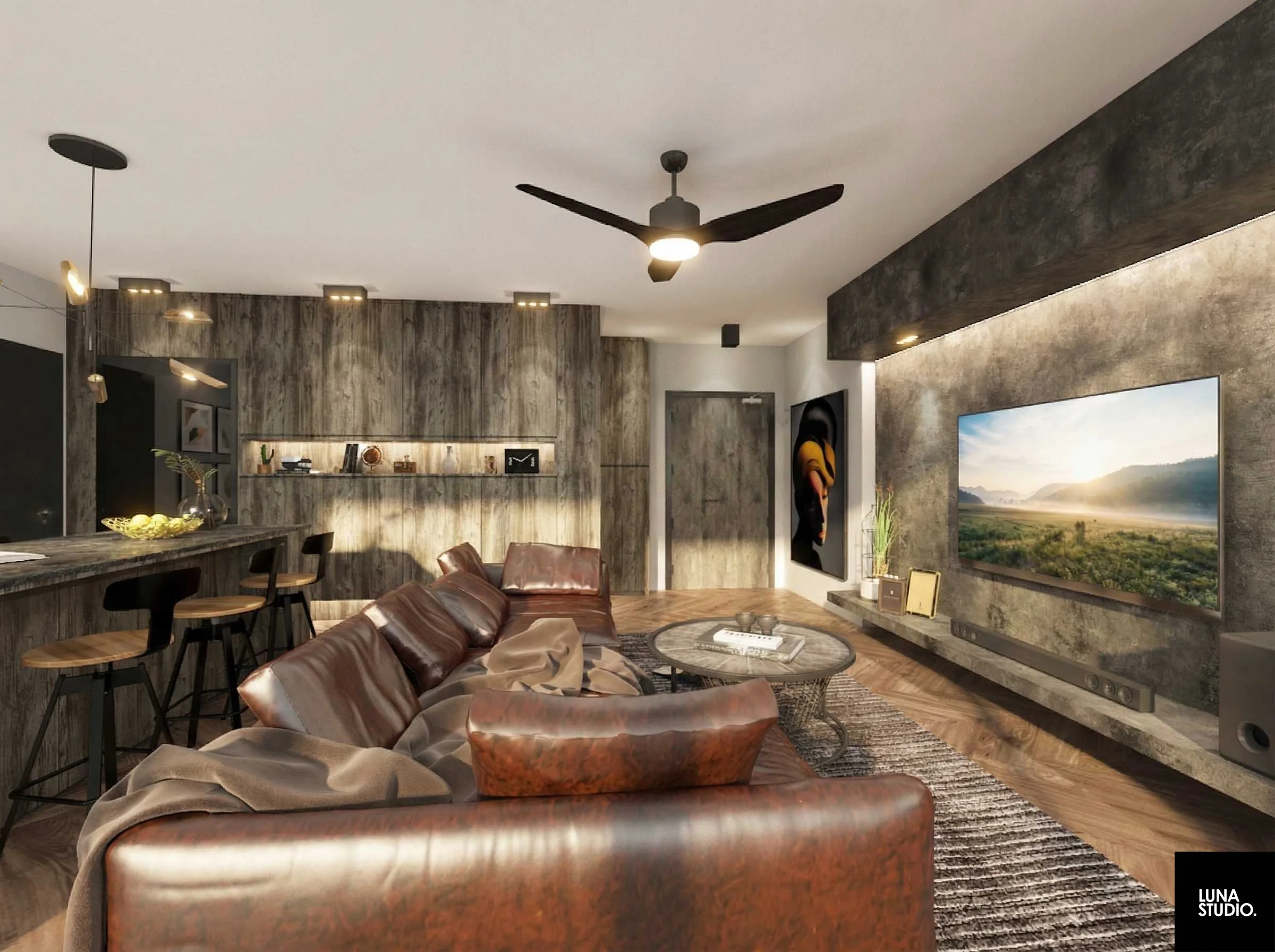 Modern living room with brown leather sofa, marble coffee table, large flat-screen TV, wood-paneled walls, and artistic wall decorations, illuminated with ambient lighting.