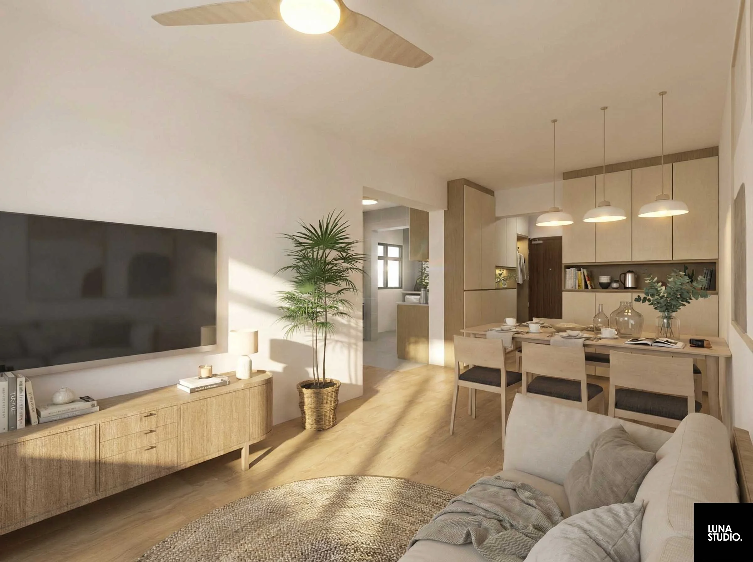 Living room and dining area with neutral tones, a large flat-screen TV on a wooden credenza, a potted plant, a beige sofa, a wooden dining table with chairs, and hanging pendant lights in a modern interior.