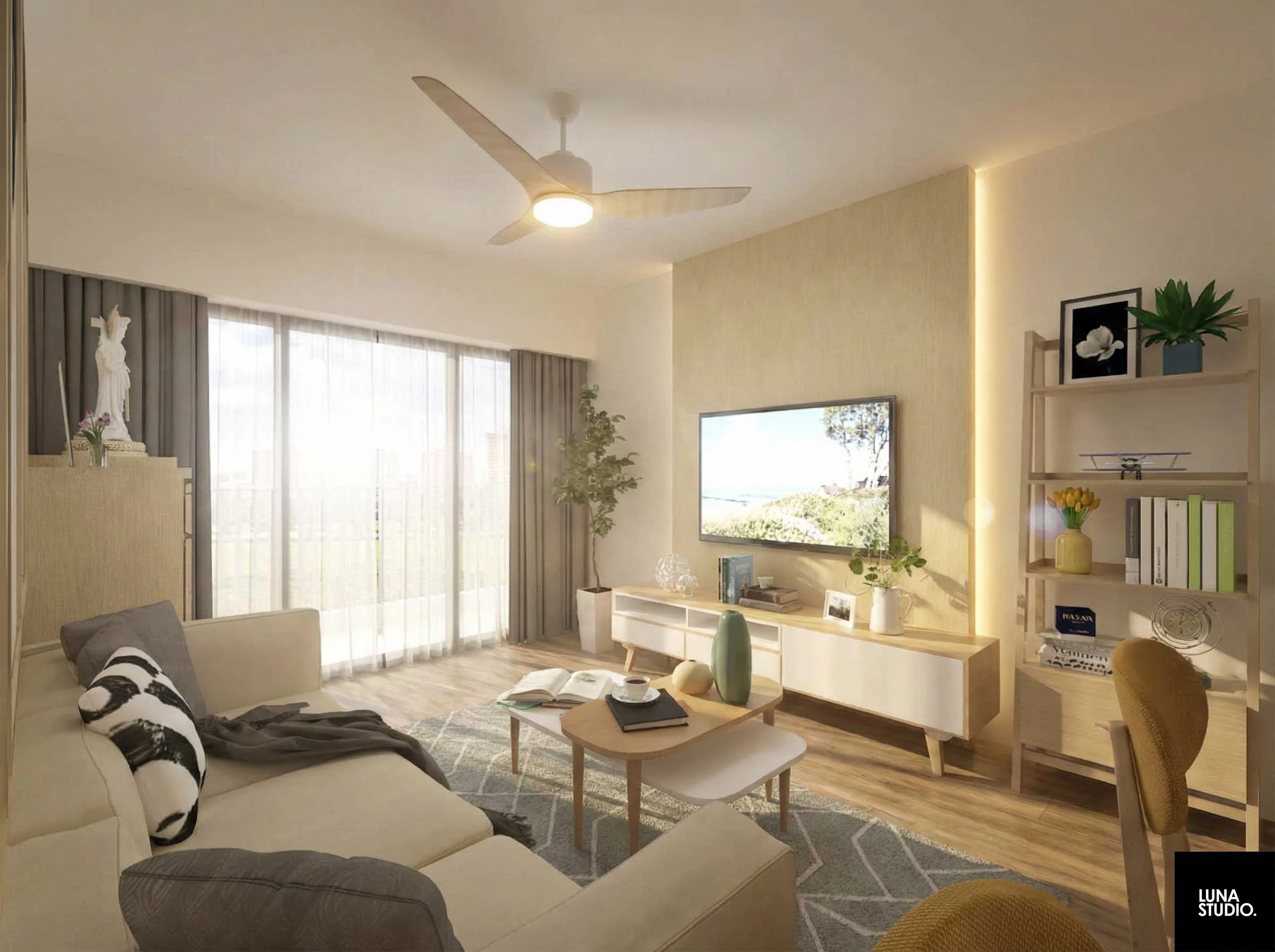 Modern living room with large window, beige sofa with black and white pillow, wooden coffee table with books and decor, TV mounted on the wall, shelf with plants and framed pictures, ceiling fan, and wooden flooring.