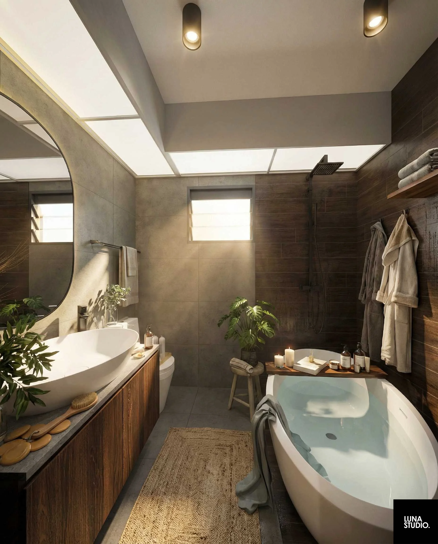 Modern bathroom with a bathtub, wooden accents, plants, candles, and a shower area, illuminated by natural and ceiling lighting.