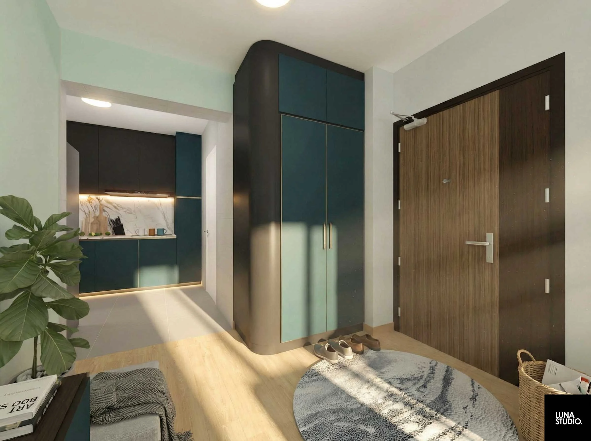 Modern interior hallway with a large wooden door on the right, blue and black storage cabinets in the center, a green plant on the left, a small round rug on light wooden floor, and sunlight casting shadows from the left side.