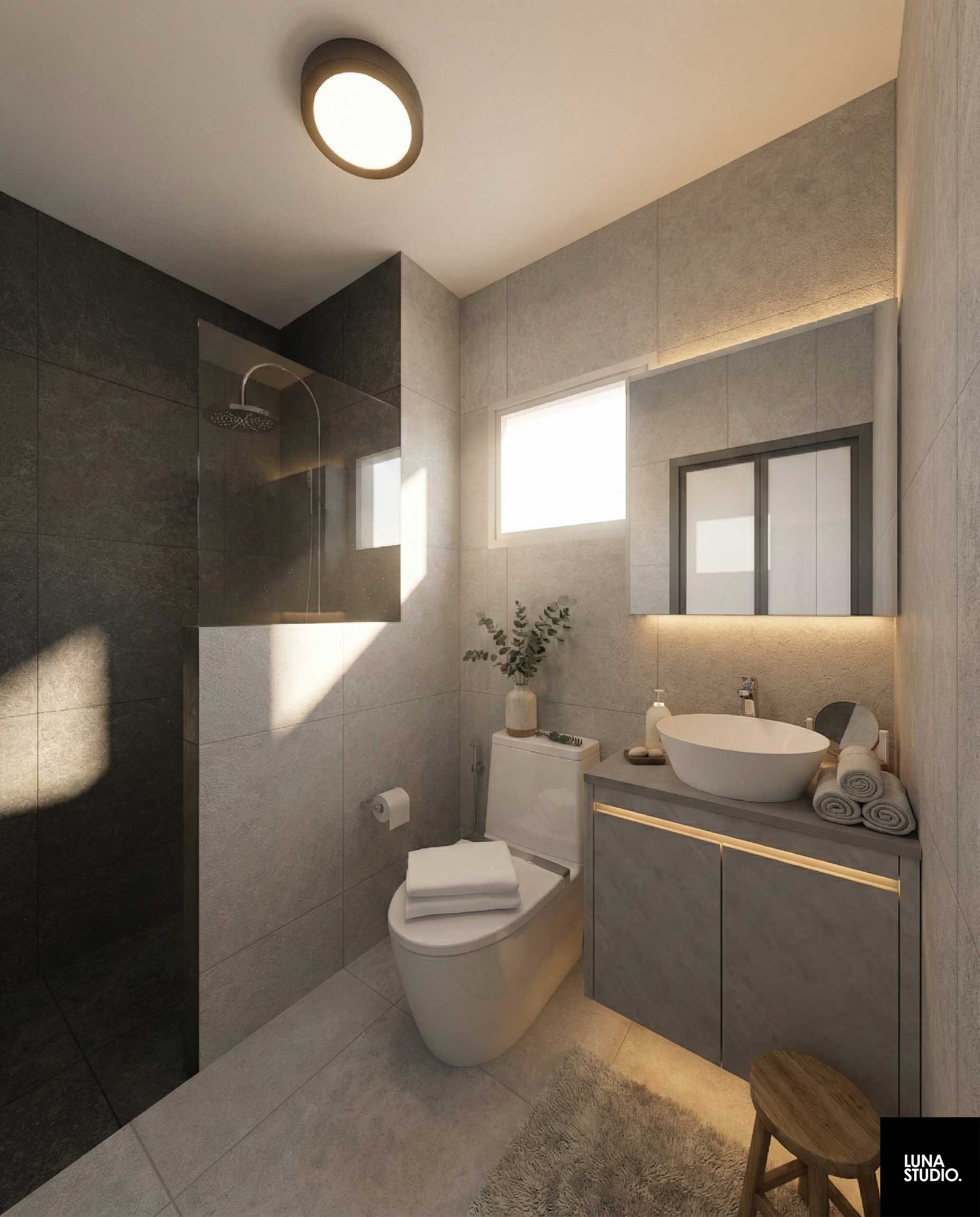 Modern bathroom with a walk-in shower, toilet, vanity with a vessel sink, large mirror, and small window allowing natural light.