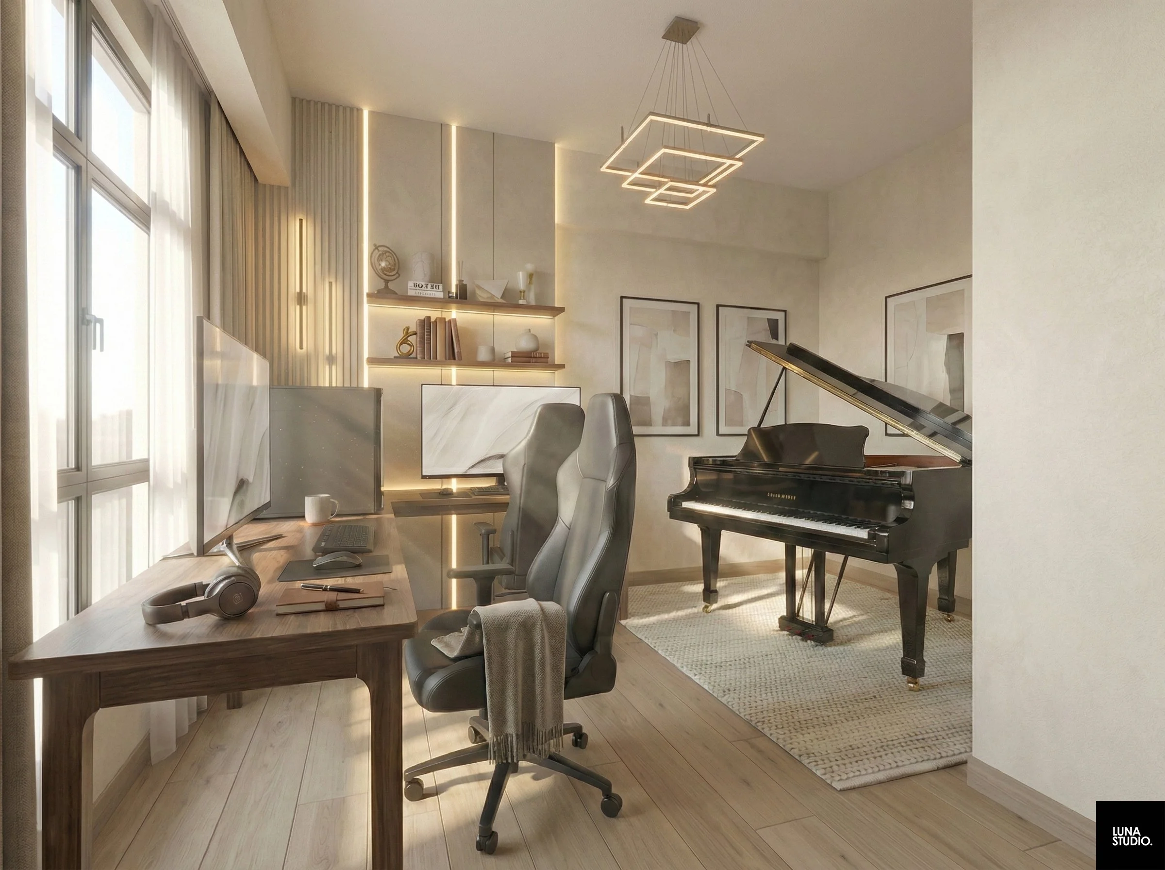 A modern home office with a wooden desk, dual computer monitors, a gaming chair, headphones, an office mug, and a keyboard. To the right, a black grand piano with a matching bench. The room has large windows with curtains, wall-mounted shelves with books and decor, framed artwork, and contemporary lighting fixtures.