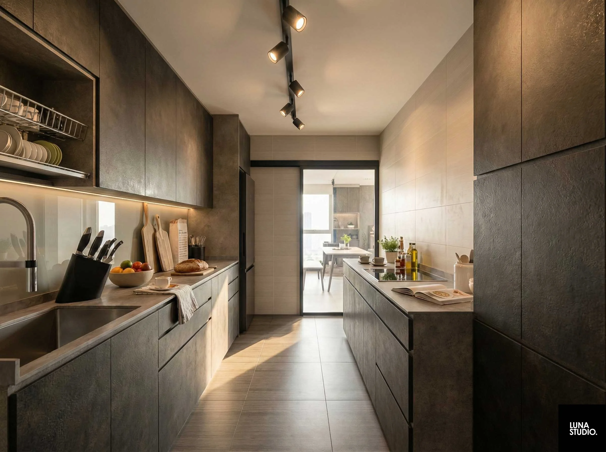 Modern kitchen with dark cabinetry, gray countertops, and a sliding glass door leading to a dining area with natural light.
