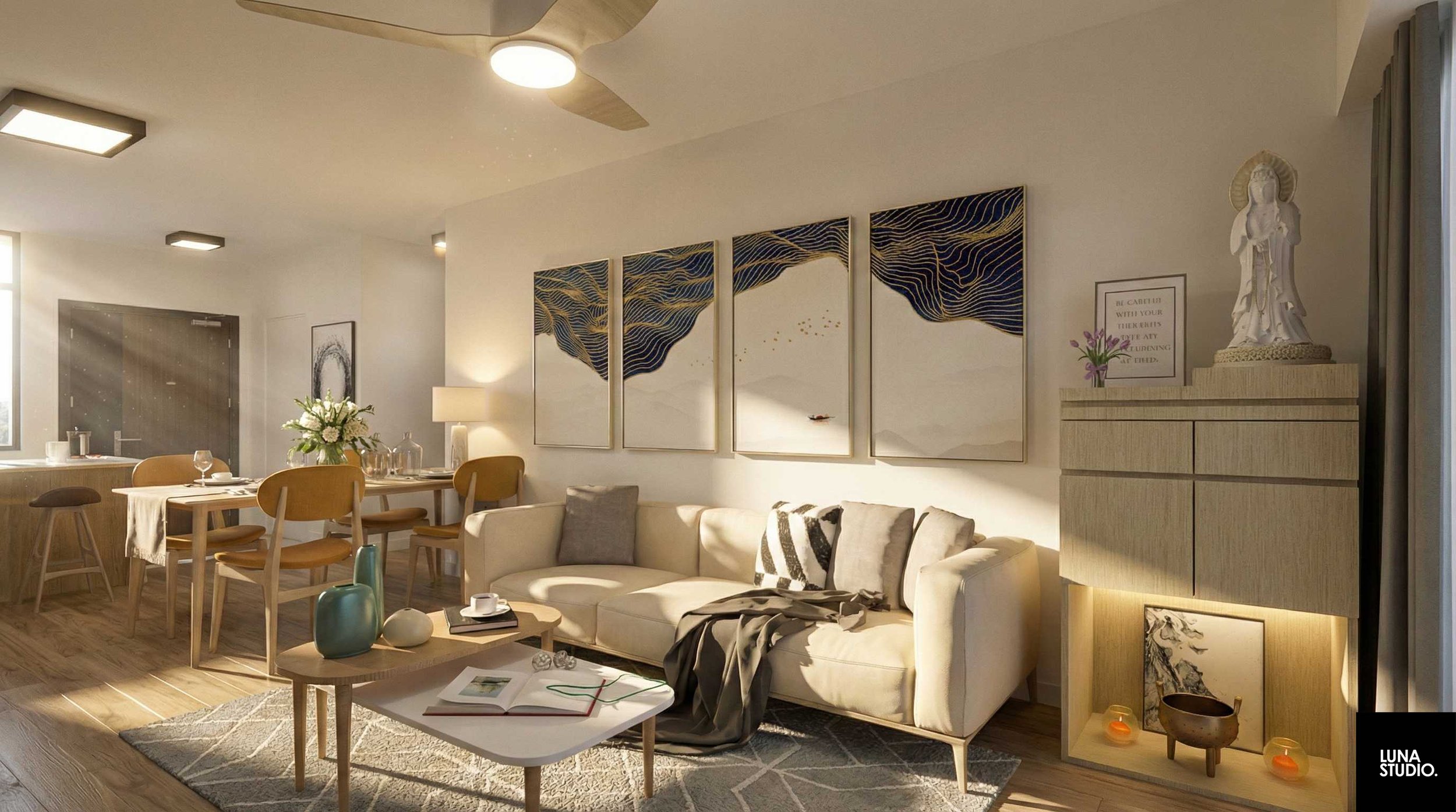 Modern living room with beige sofa, abstract wall art, wooden dining table with chairs, coffee table with decor, and a large window with curtains