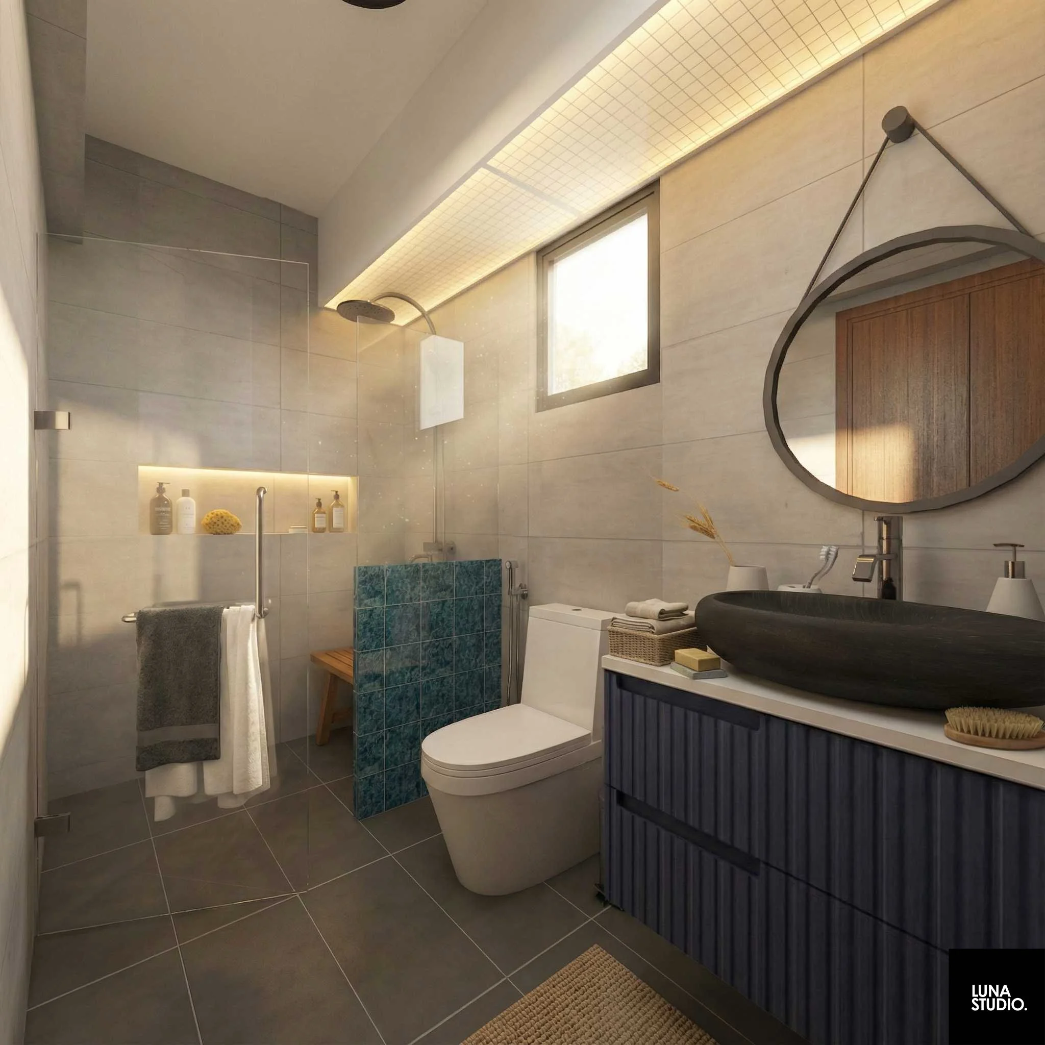 Modern bathroom with a walk-in shower, a toilet, and a vanity with a black vessel sink and a large mirror. The room features light-colored walls, dark floor tiles, and a small window letting in natural light.