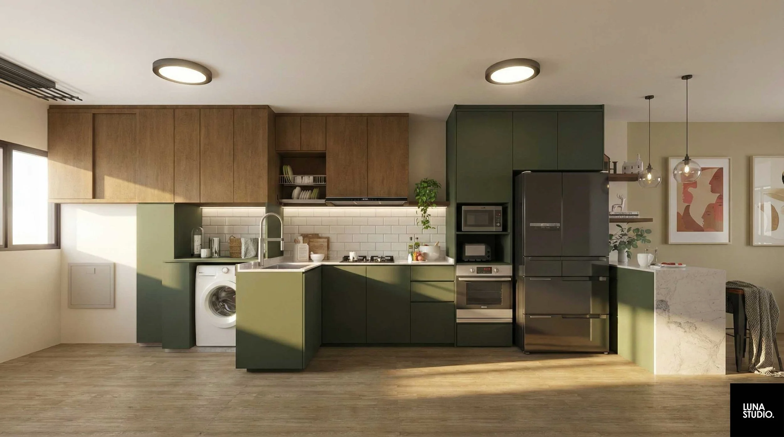 Modern kitchen with green and wooden cabinets, white subway tile backsplash, black appliances including refrigerator and microwave, marble countertop on a small breakfast bar, and wood flooring.