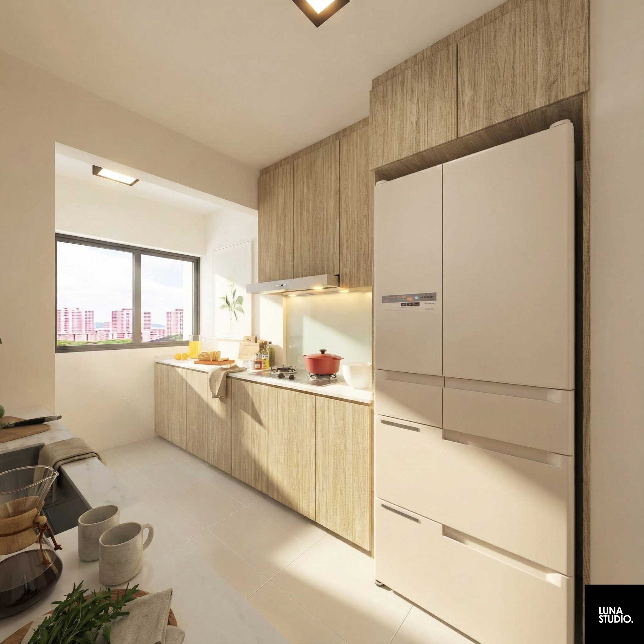 Modern kitchen with light wood cabinets, white appliances, and a window showing a cityscape with pink buildings.