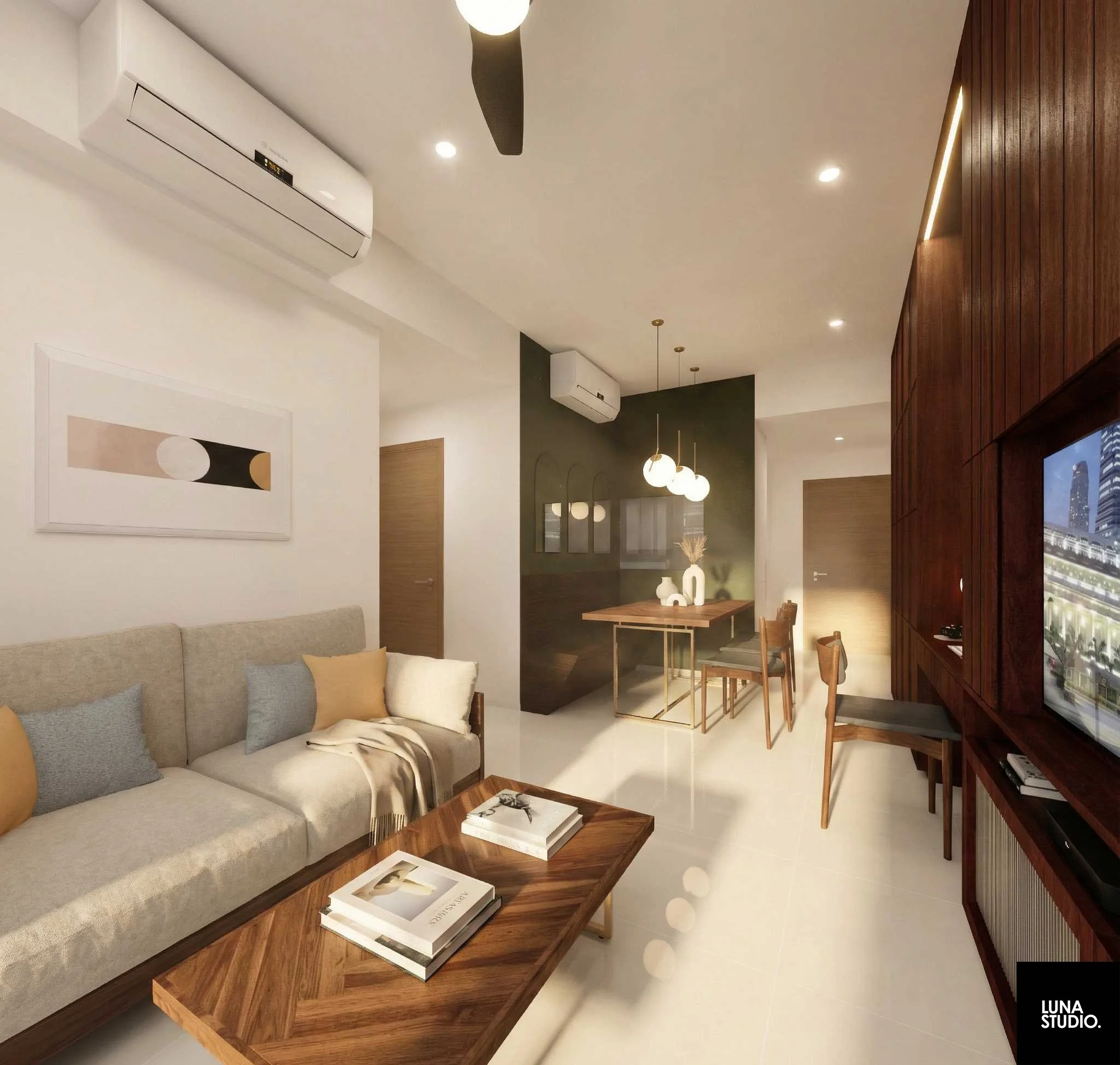 Modern living room with beige sofa, wooden coffee table, wall art, air conditioning units, and wooden wall panels with a television.