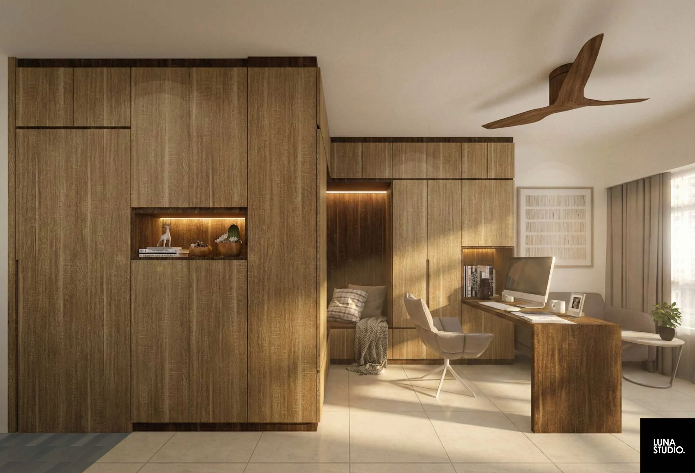 Modern home office with wooden wall panels, a desk with a computer, a gray swivel chair, and natural light from large windows with curtains.