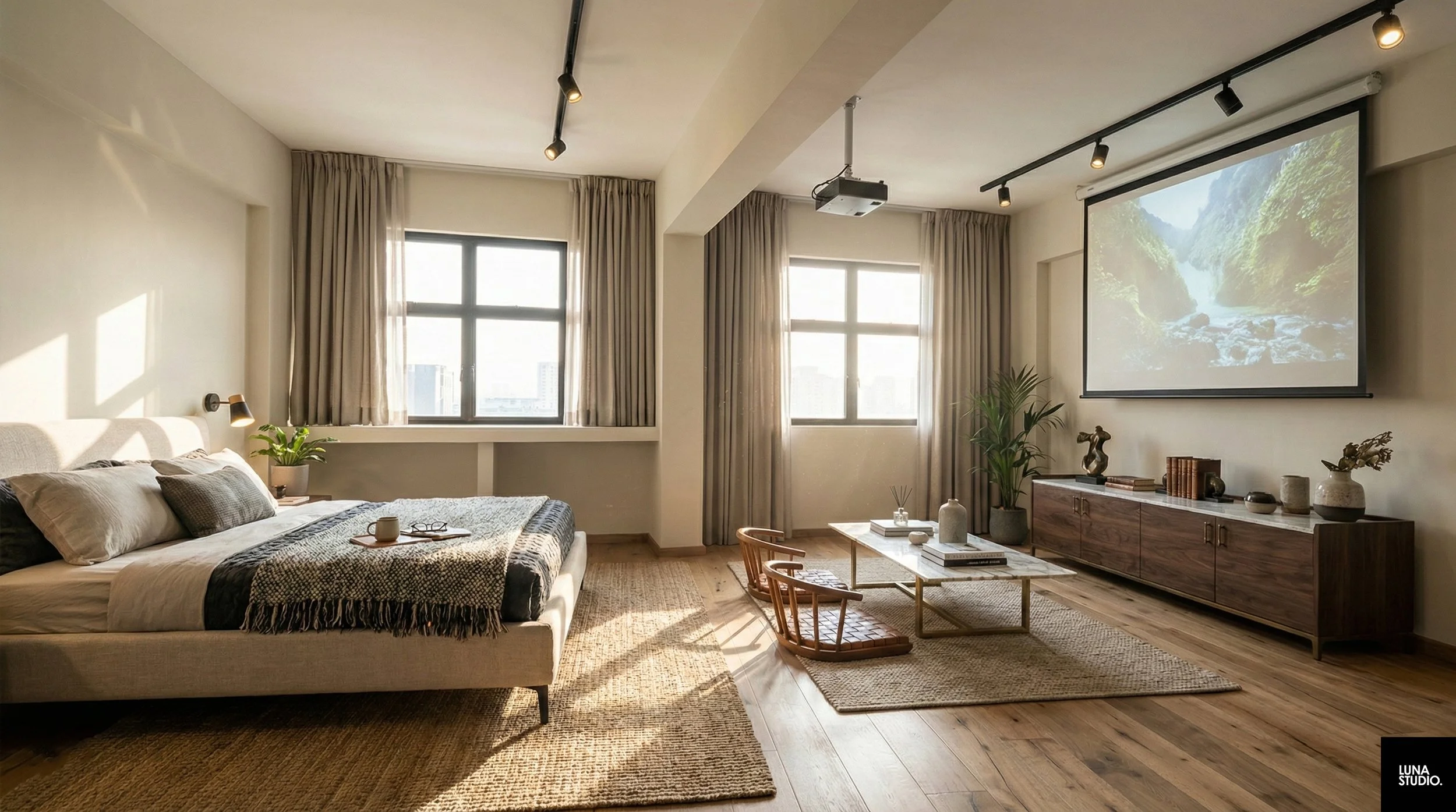 Living room with a large bed, horizontal windows with beige curtains, a wooden coffee table, a TV screen displaying a mountain river landscape, and a wooden TV stand decorated with plants, books, and sculptures. Hardwood floors and natural light fill the space.