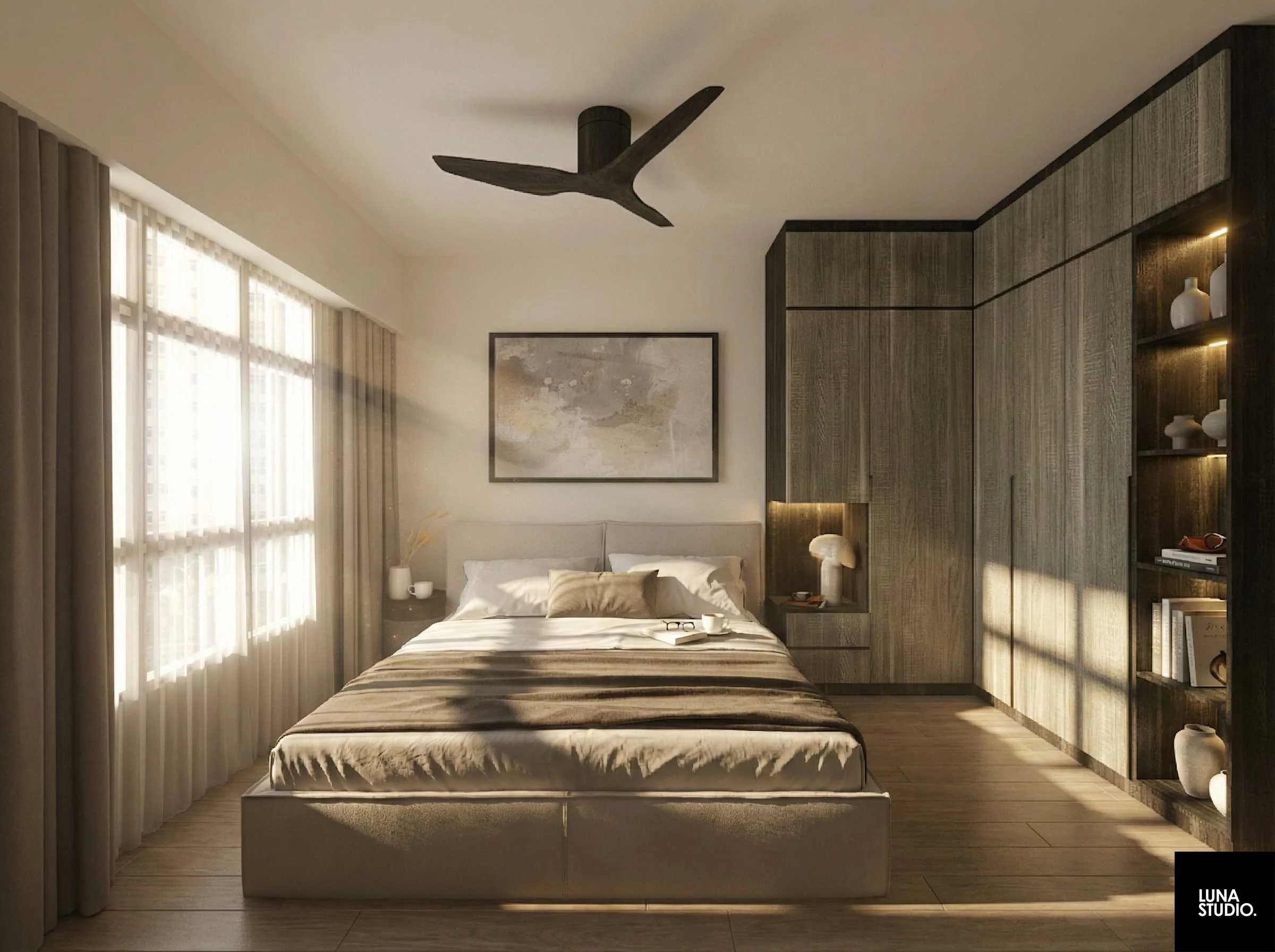 Modern bedroom with large bed, neutral bedding, and a headboard. Sunlight streams through large windows with sheer curtains. There is a minimalist painting above the bed, a built-in wardrobe with warm lighting, and decorative vases on shelves.