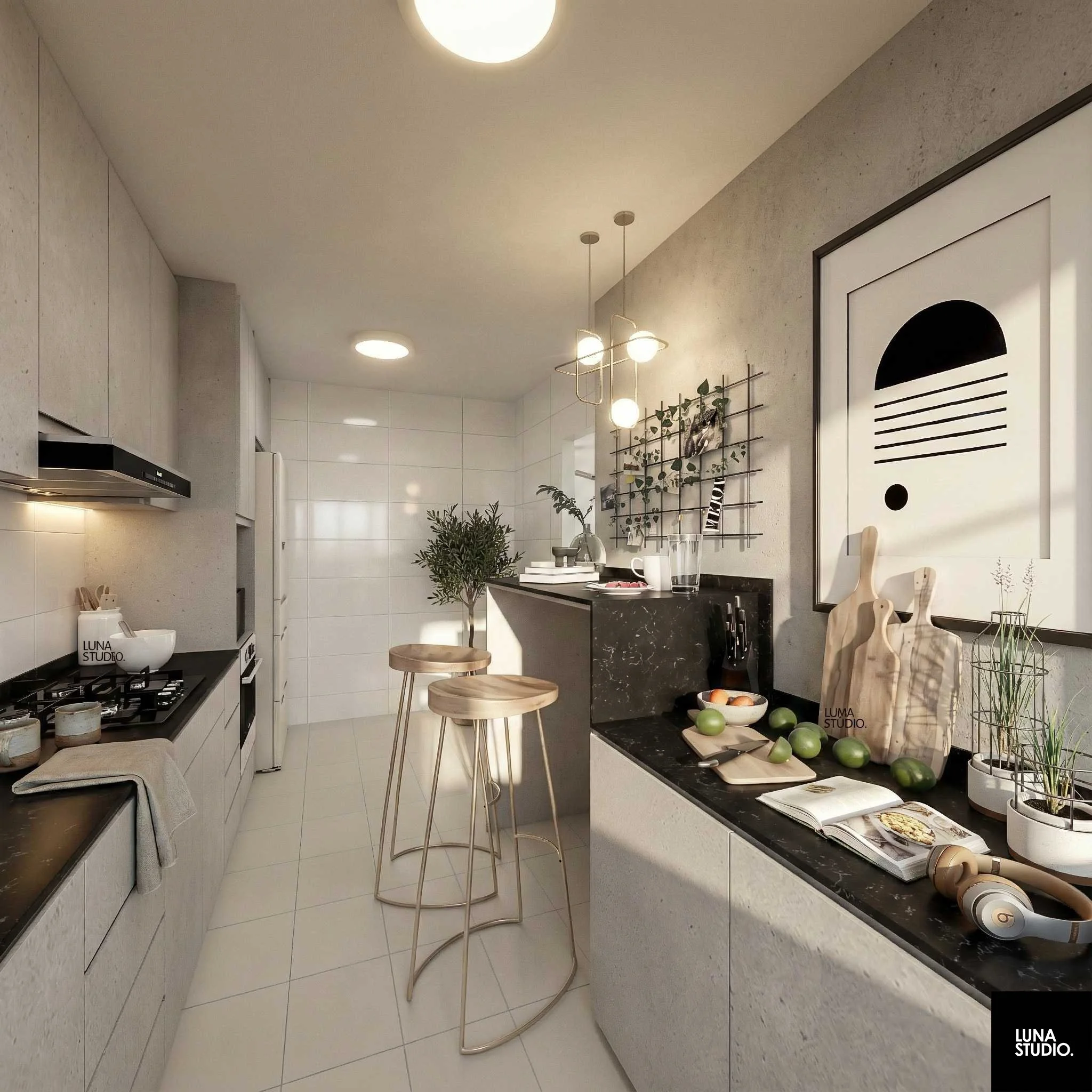 Modern kitchen with white tiled walls and light-colored cabinetry, black countertops, and kitchen appliances. Decorative items include cutting boards, plants, and books on the counter. Two wooden bar stools are positioned at the black marble island. Modern pendant lighting and framed abstract art are on the wall.