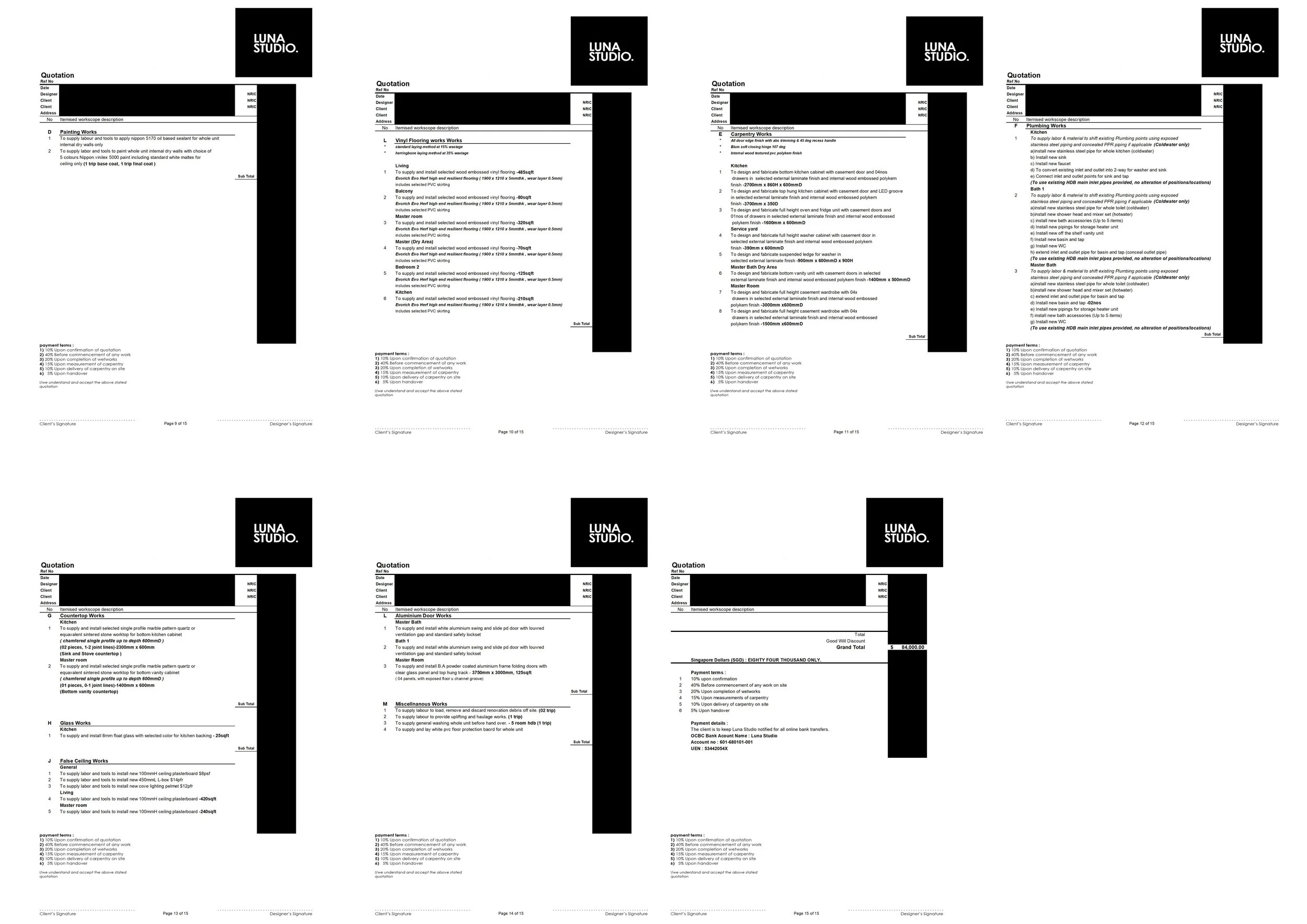 A collage of six sheets of contract documents from Luna Studio, with black header boxes, mostly filled with small text, some sections with bold and numbered lists.