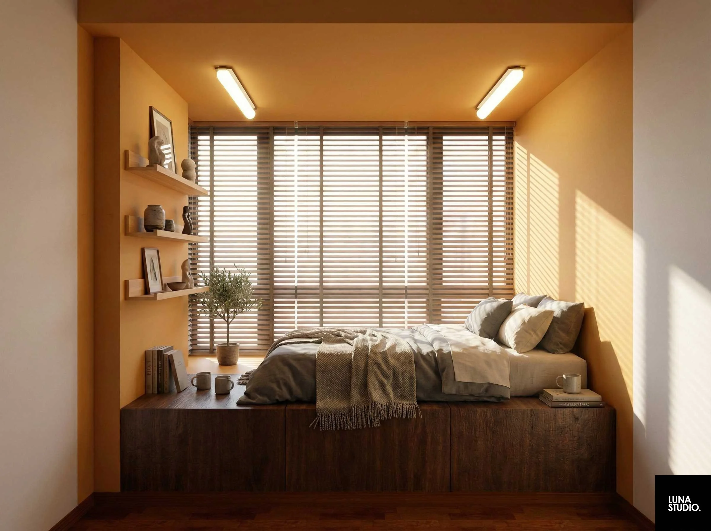 Cozy bedroom with a bed against a large window with wooden blinds, warm lighting, shelves with decorative items, a potted plant, and books.