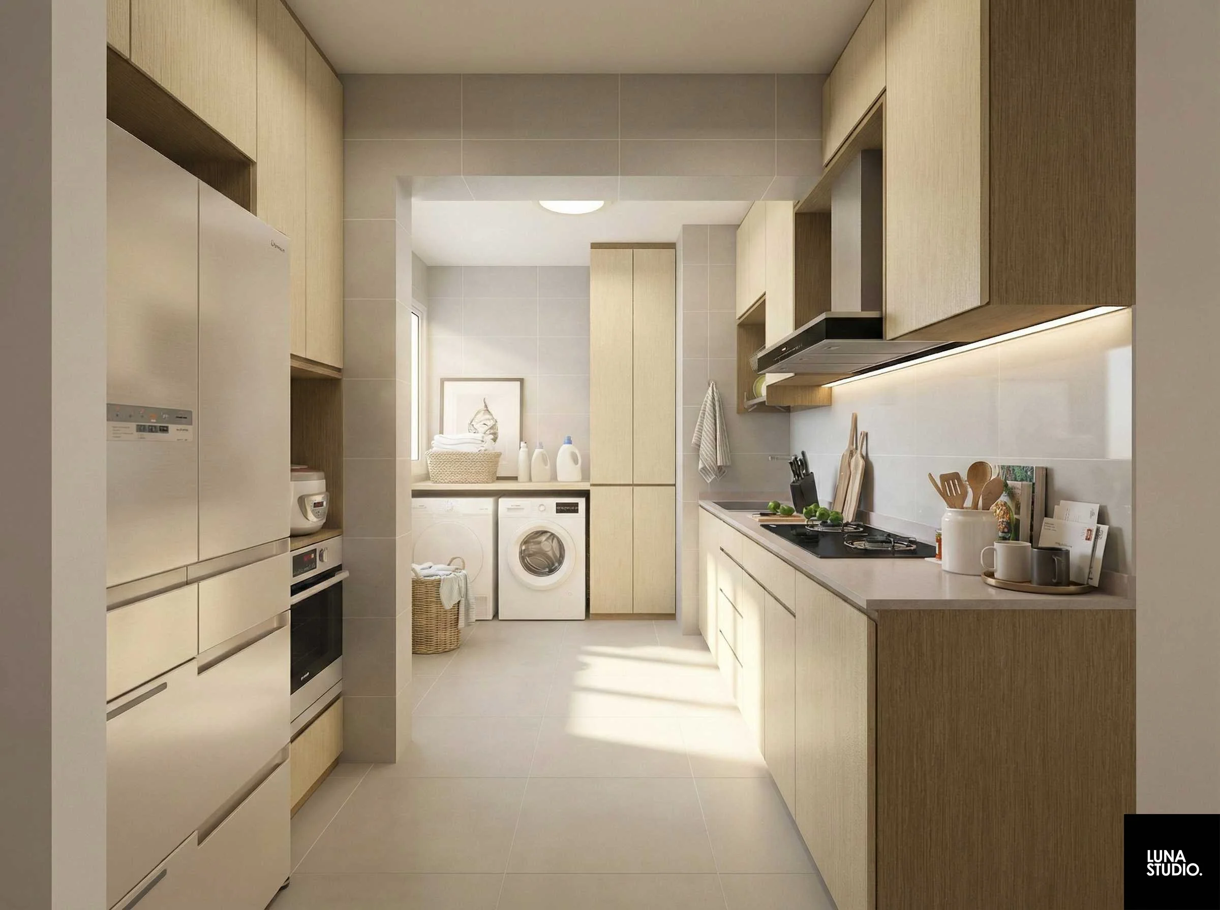 Modern kitchen with beige cabinets, beige countertops, and white appliances, including a stove and a refrigerator, with laundry machines in the background and natural light coming through a window.