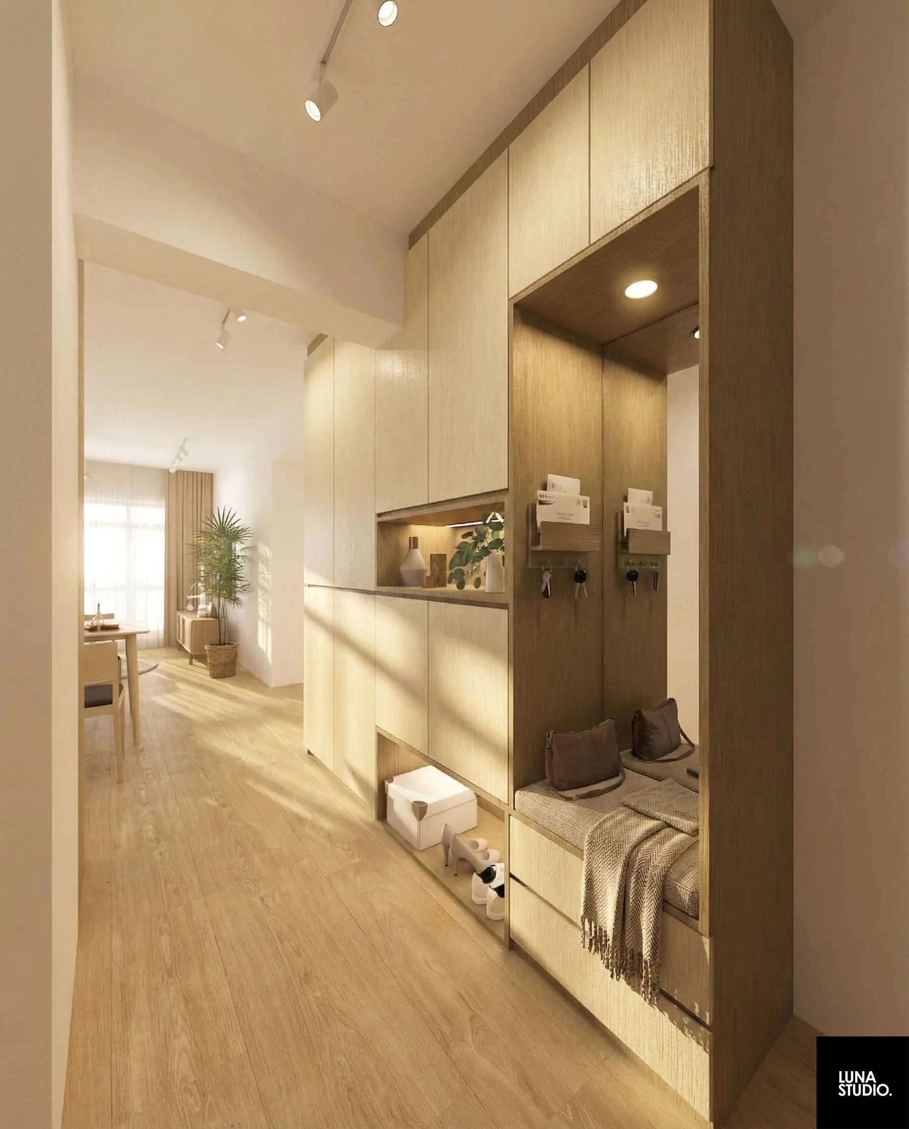 Interior view of a modern apartment with light wood flooring and a built-in style wooden storage wall with hooks and shelves, a bench with bags and a throw blanket, and a hallway leading to a dining area with natural light.