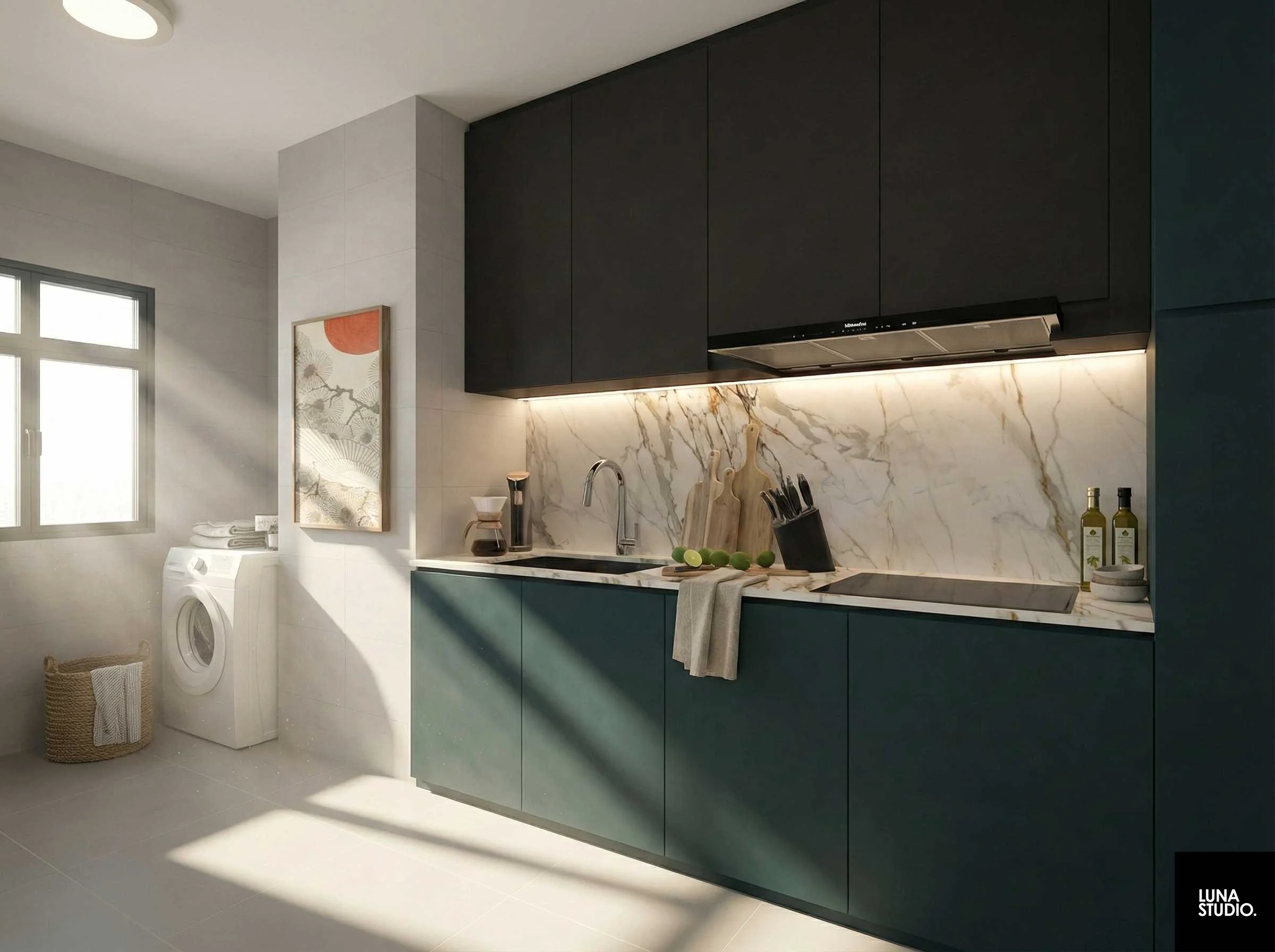 Modern kitchen with black and green cabinetry, marble backsplash, window letting in sunlight, laundry machine, basket, kitchen utensils, and bottles of olive oil.