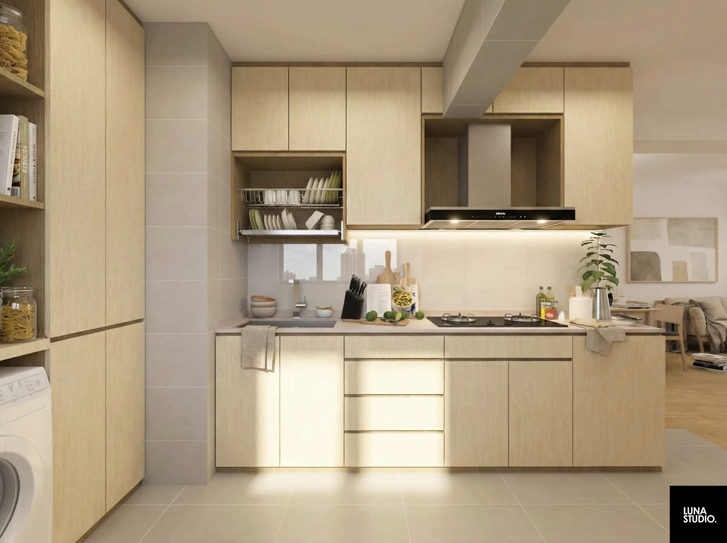 Modern kitchen with light wood cabinets, a built-in oven, stove, and open shelving with dishes. The countertop has a few bowls, a cutting board, some limes, and kitchen utensils. There is a small window above the sink, and a green potted plant on the right side of the countertop, with a wall art piece visible in the background.
