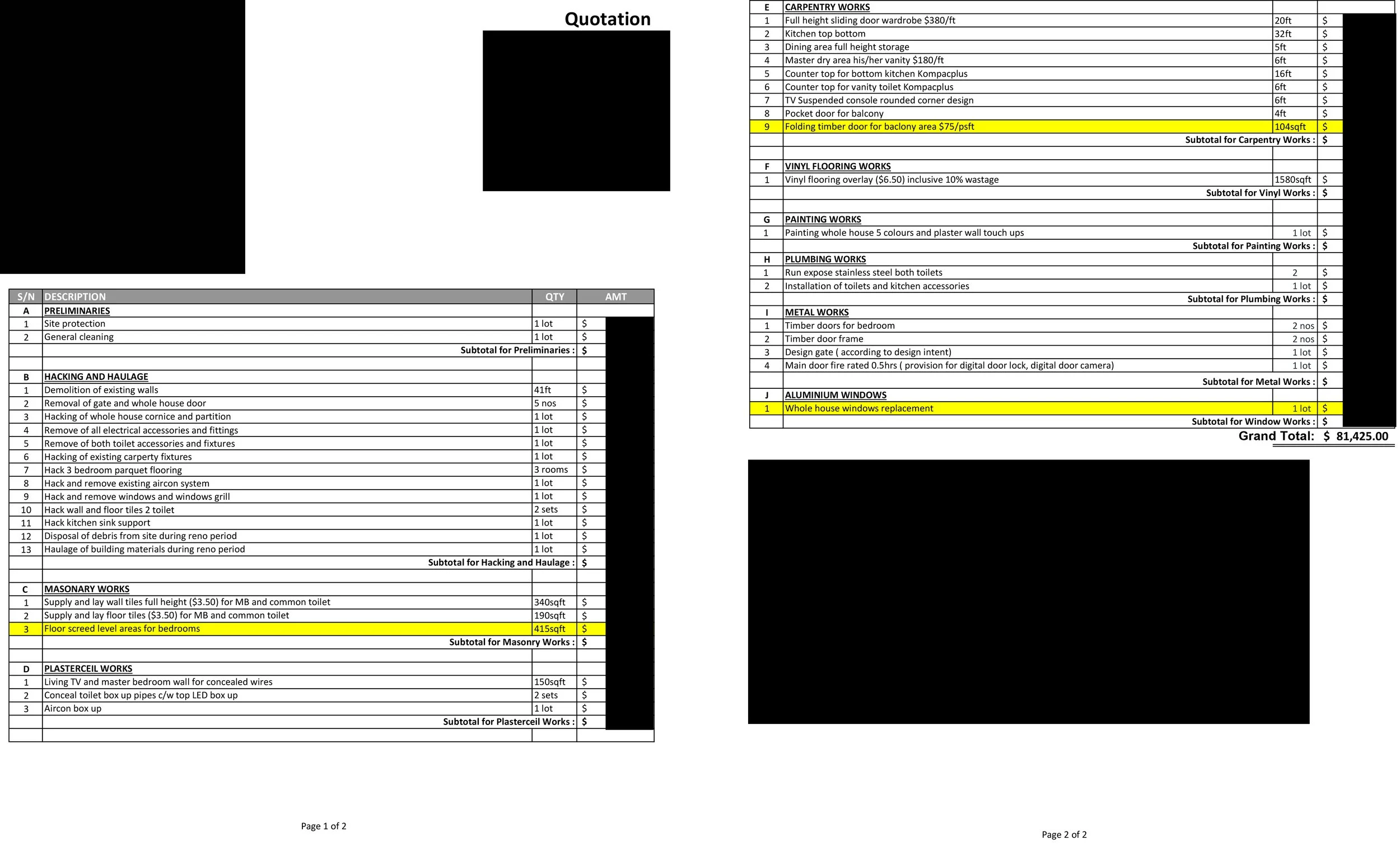 A detailed spreadsheet listing various construction and renovation tasks with descriptions, quantities, and costs. Highlighted items include a folding timber door for a balcony area and a whole house windows replacement, with a grand total of $81,425.