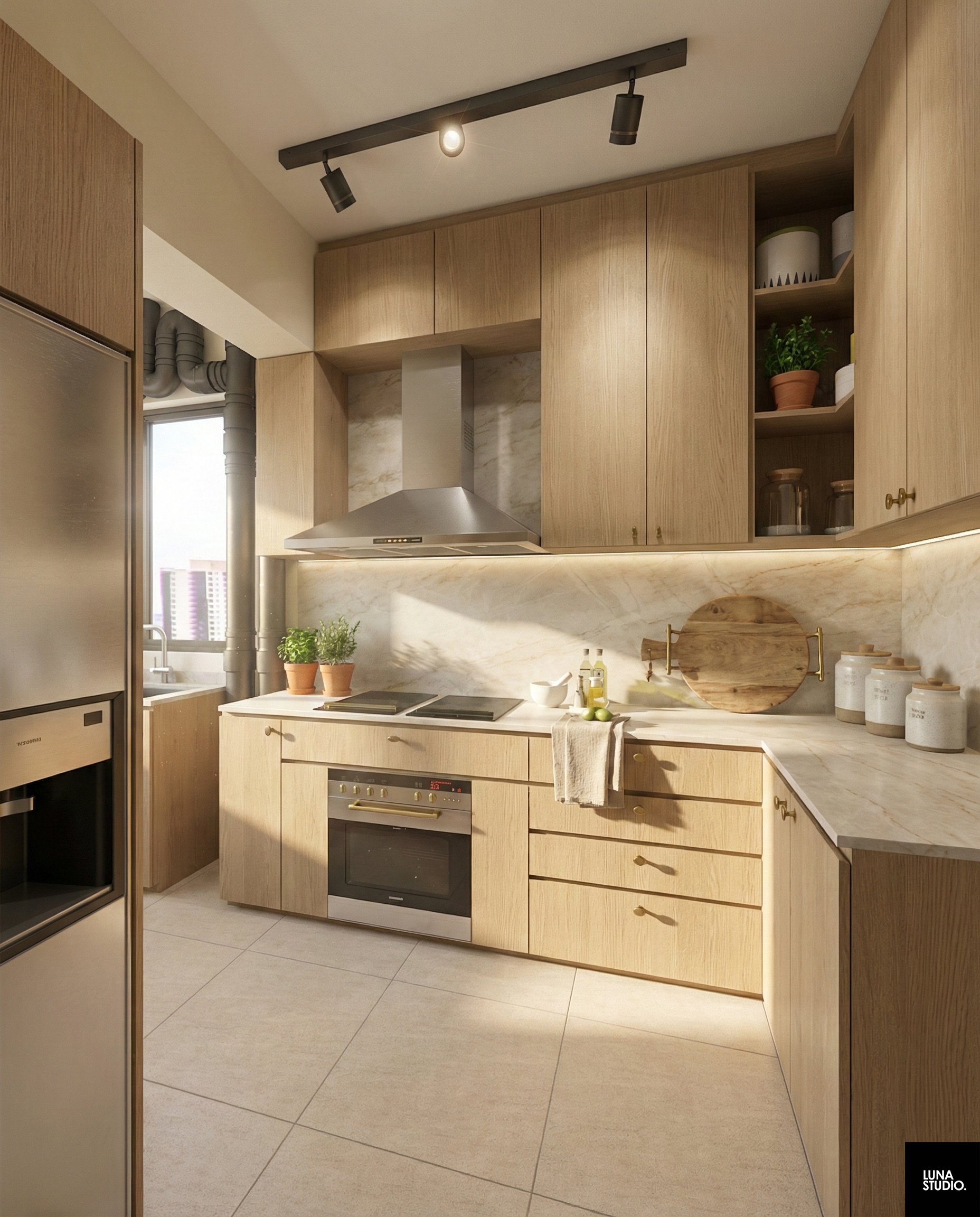 A modern kitchen with wooden cabinets, a stainless steel oven, and a marble backsplash. Includes potted plants on the counter, open shelving with containers, and a window. Track lighting a ceiling.