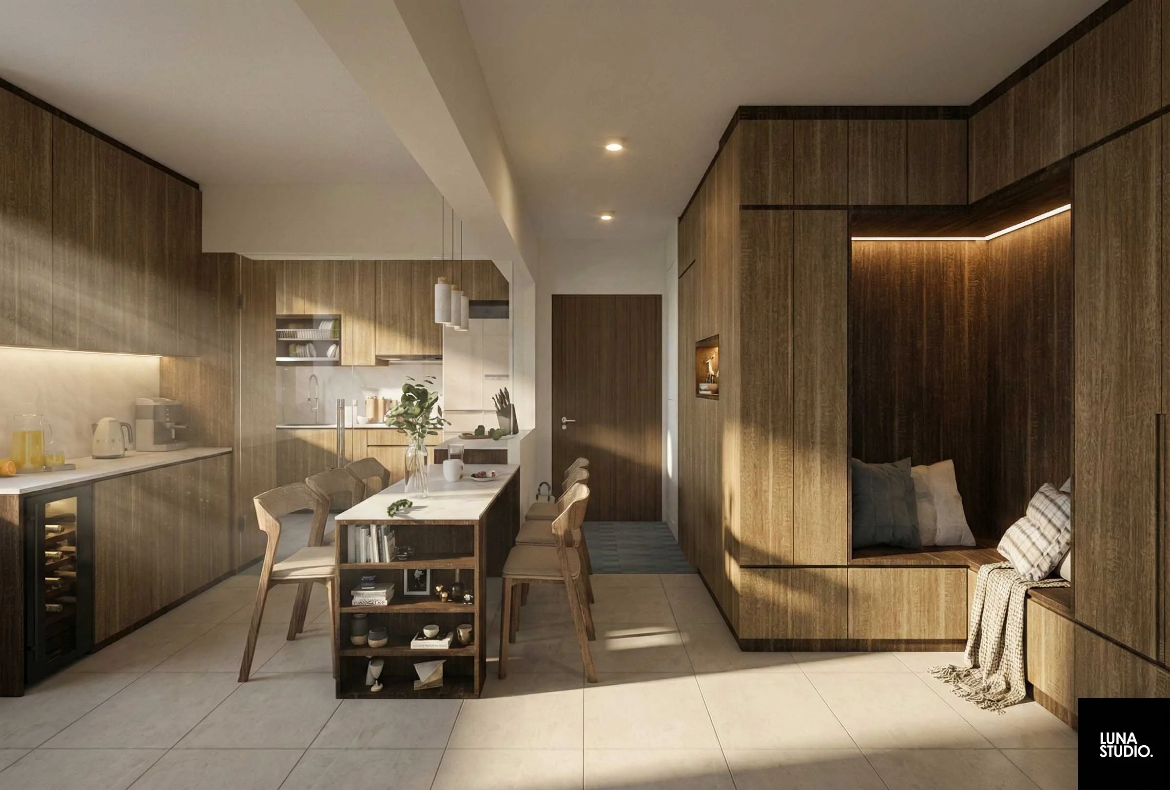 Modern open-concept kitchen and living space with wooden cabinets, dining table, and a cozy nook with cushions.