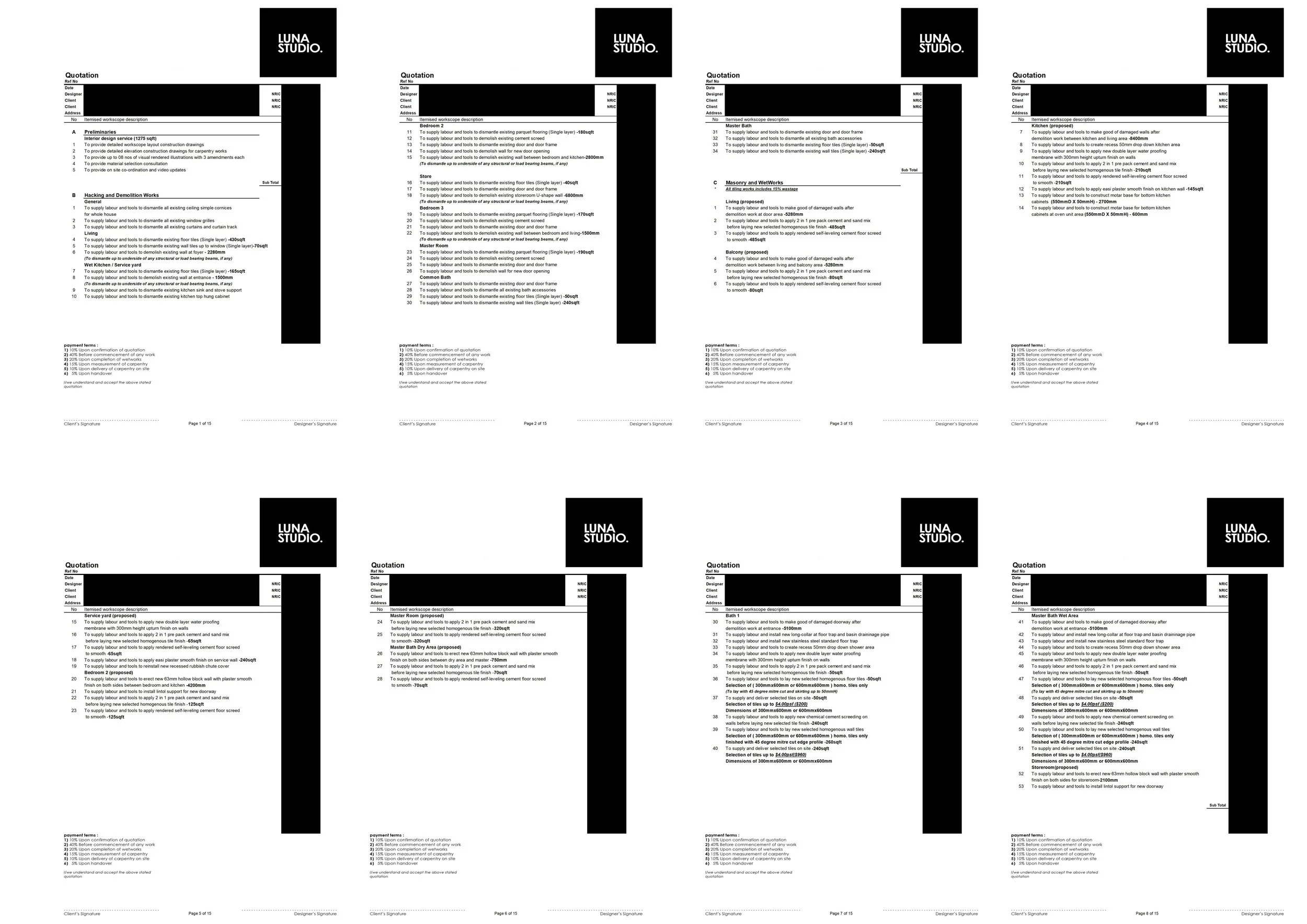 A collage of eight pages of a document titled 'LUNA STUDIO' with text, black headers, and black blocks at the top of each page, arranged in a 2x4 grid.