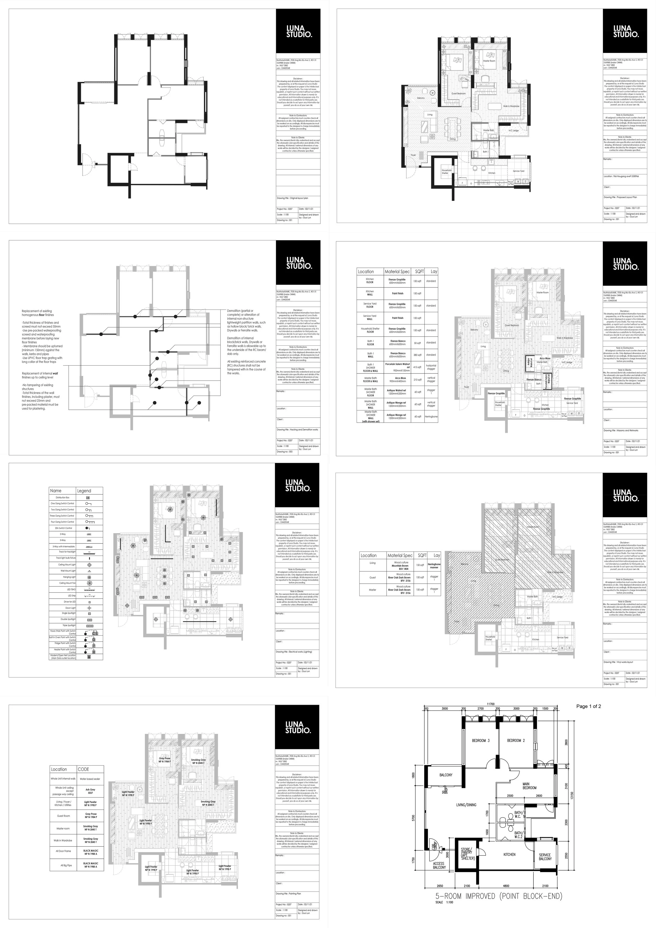 A collection of architectural floor plans and design layouts from Luna Studio, showcasing various views and details of a building's interior and exterior structures.