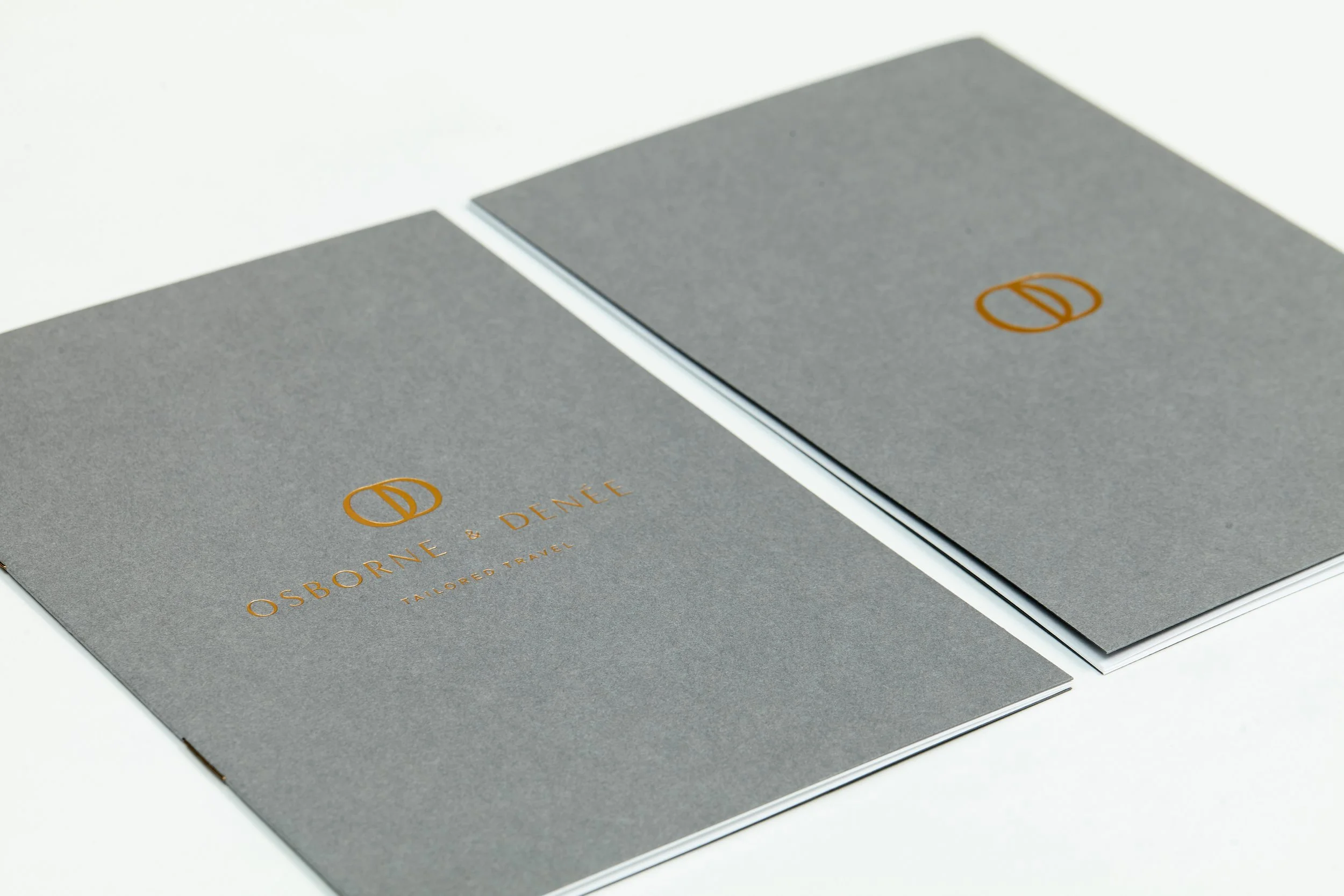 Brand identity designs for Osborne & Denée, including logo, monogram and colour palette for luxury travel branding.
