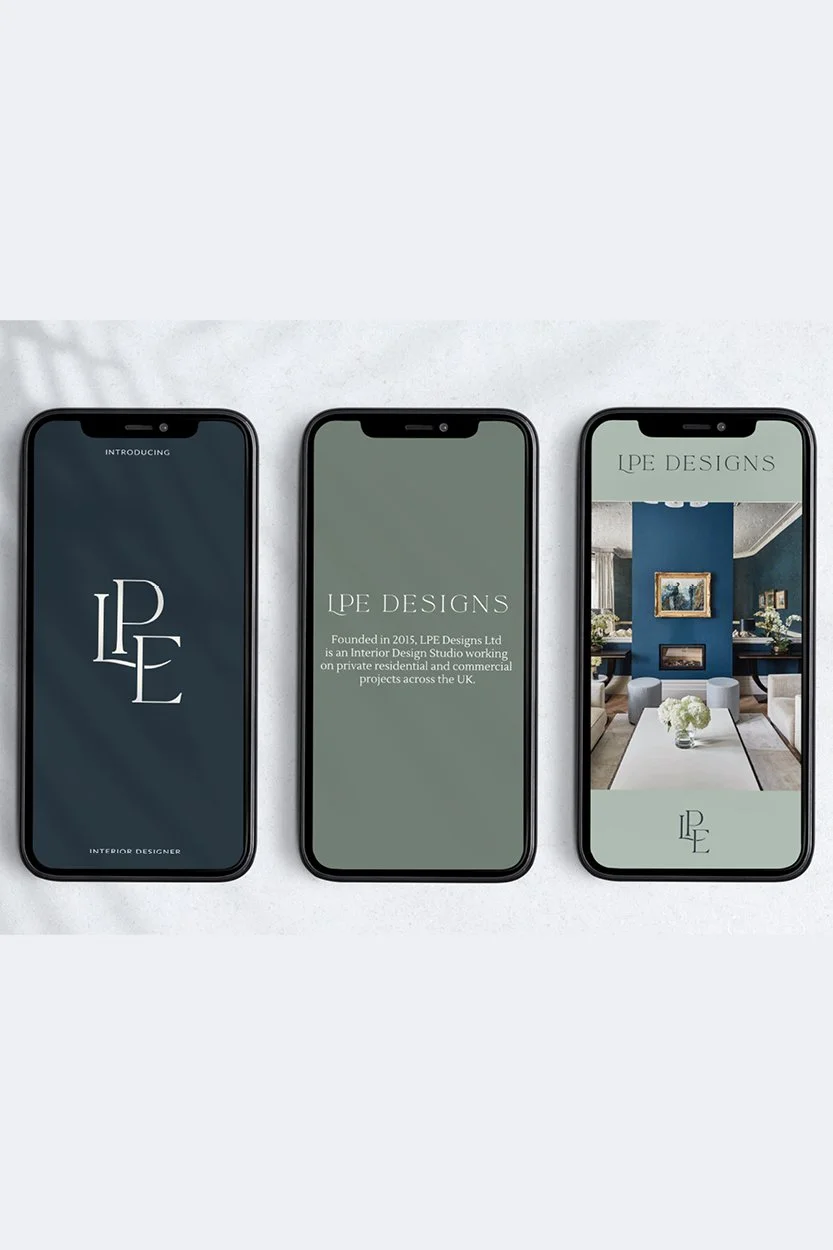 Brand identity designs for LPE Designs, showcasing logo, monogram, and elegant branding mock-ups for an interior design studio.