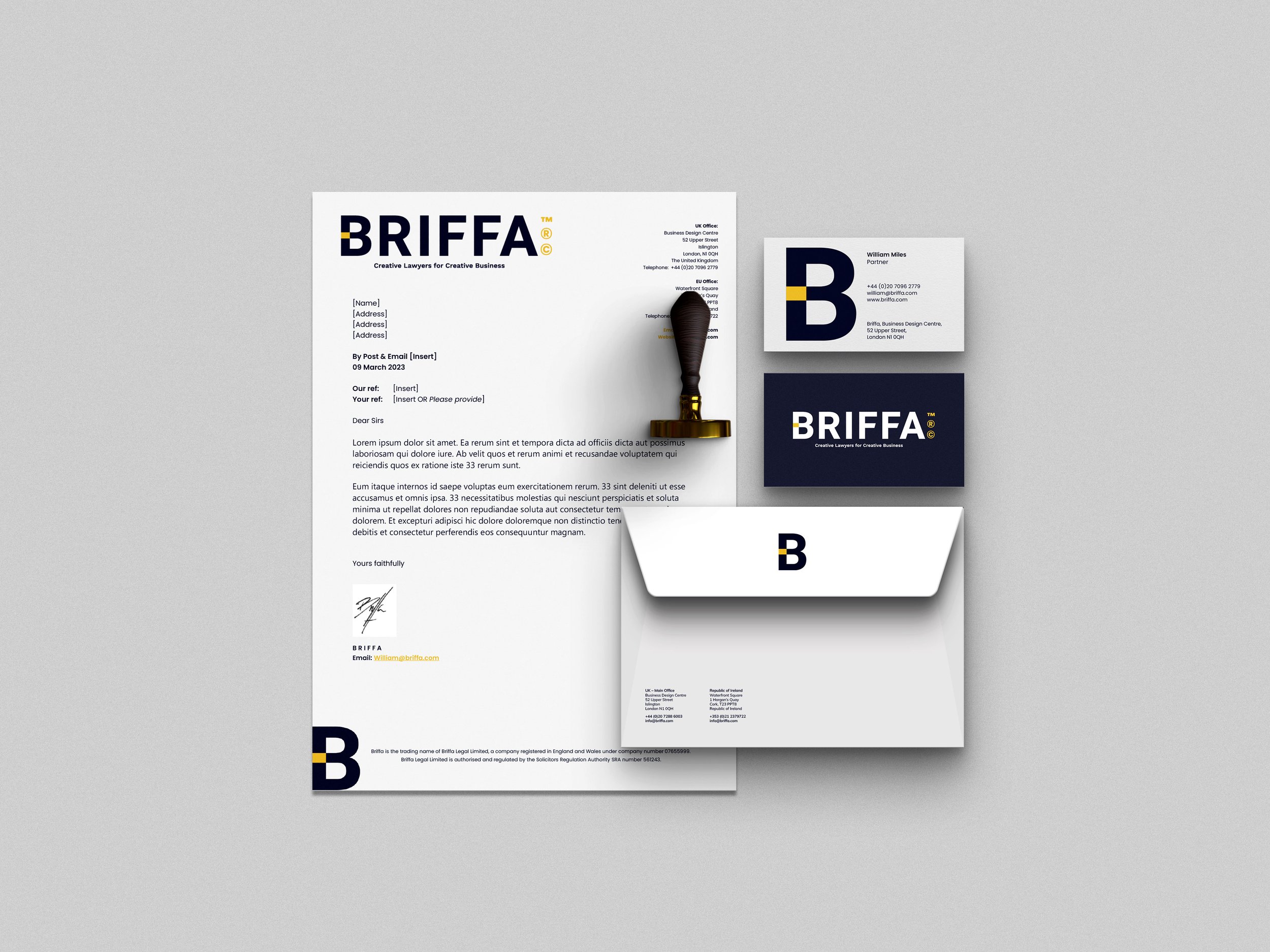 Brand identity designs for Briffa, featuring clean logo, symbol integrations, and professional typographic branding elements.