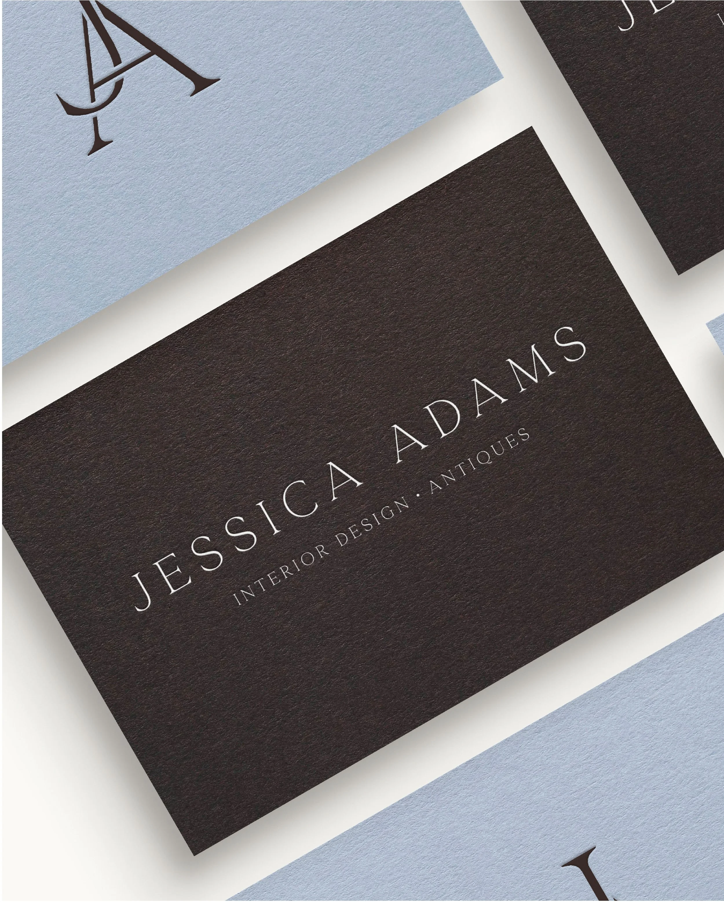Brand identity designs for Jessica Adams, featuring refined serif logo, custom monogram and elegant brand palette.