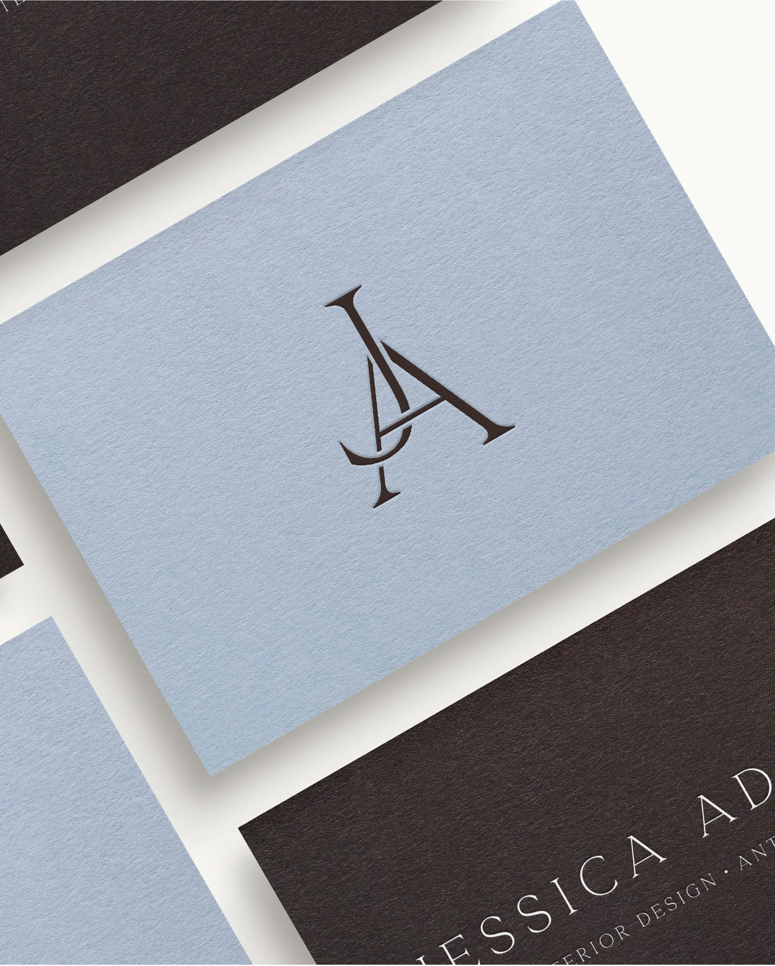 Brand identity designs for Jessica Adams, featuring refined serif logo, custom monogram and elegant brand palette.