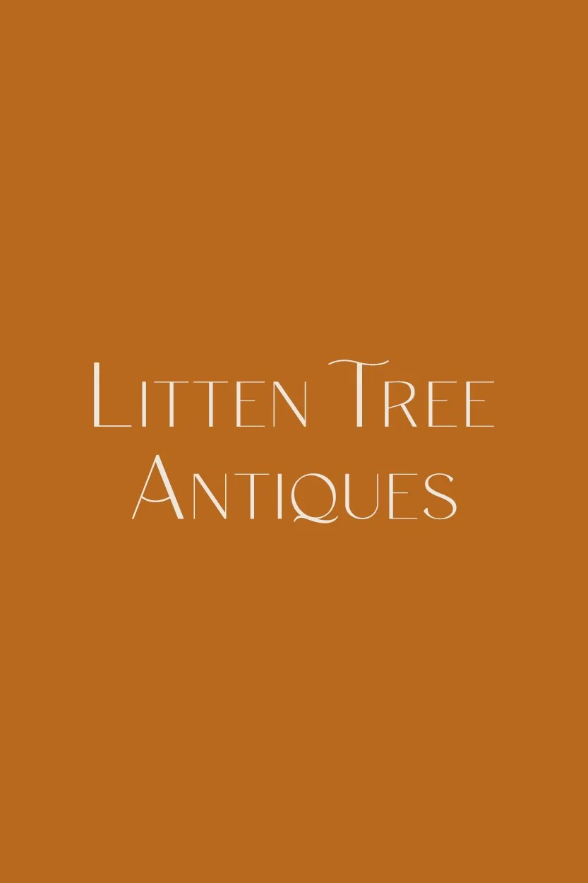 Brand identity designs for Litten Tree Antiques, including logo variations, monogram and stationery mock-ups