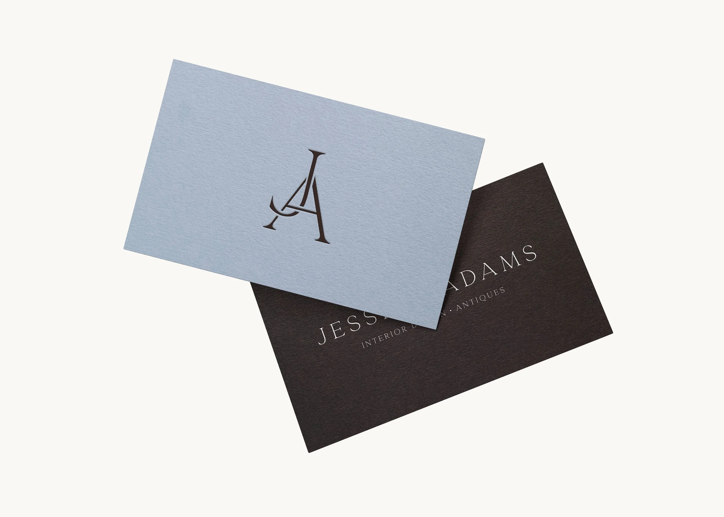 Brand identity designs for Jessica Adams, featuring refined serif logo, custom monogram and elegant brand palette.